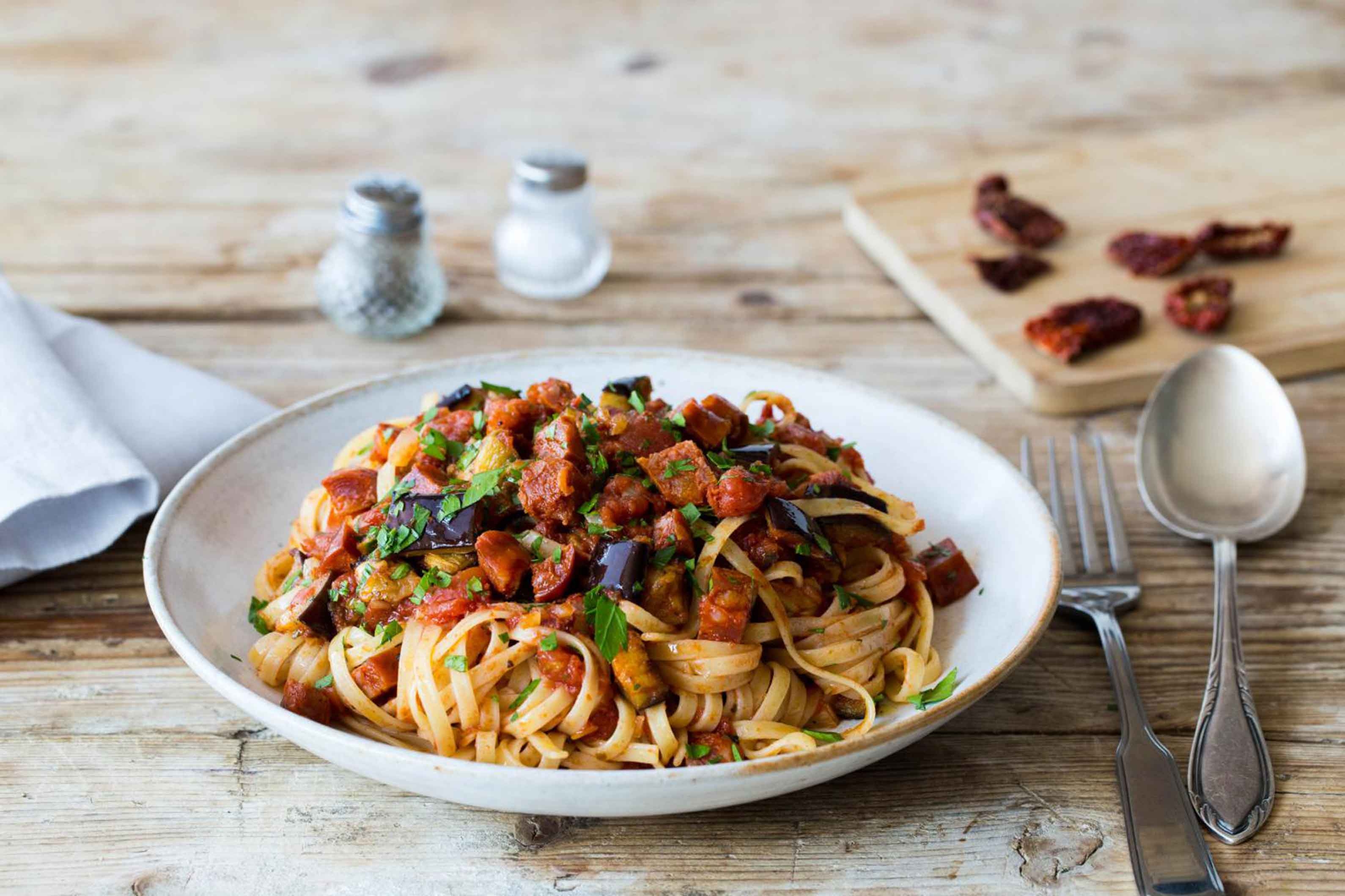 Aubergine, Chilli, Chorizo & Sun-Dried Tomato Linguine