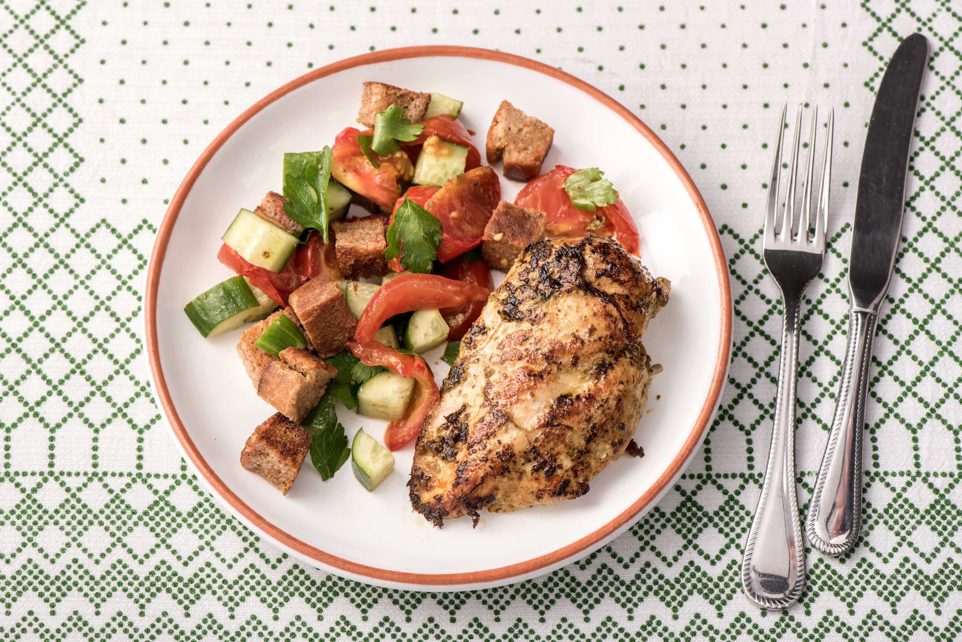 Pesto Chicken with Crunchy Panzanella Salad