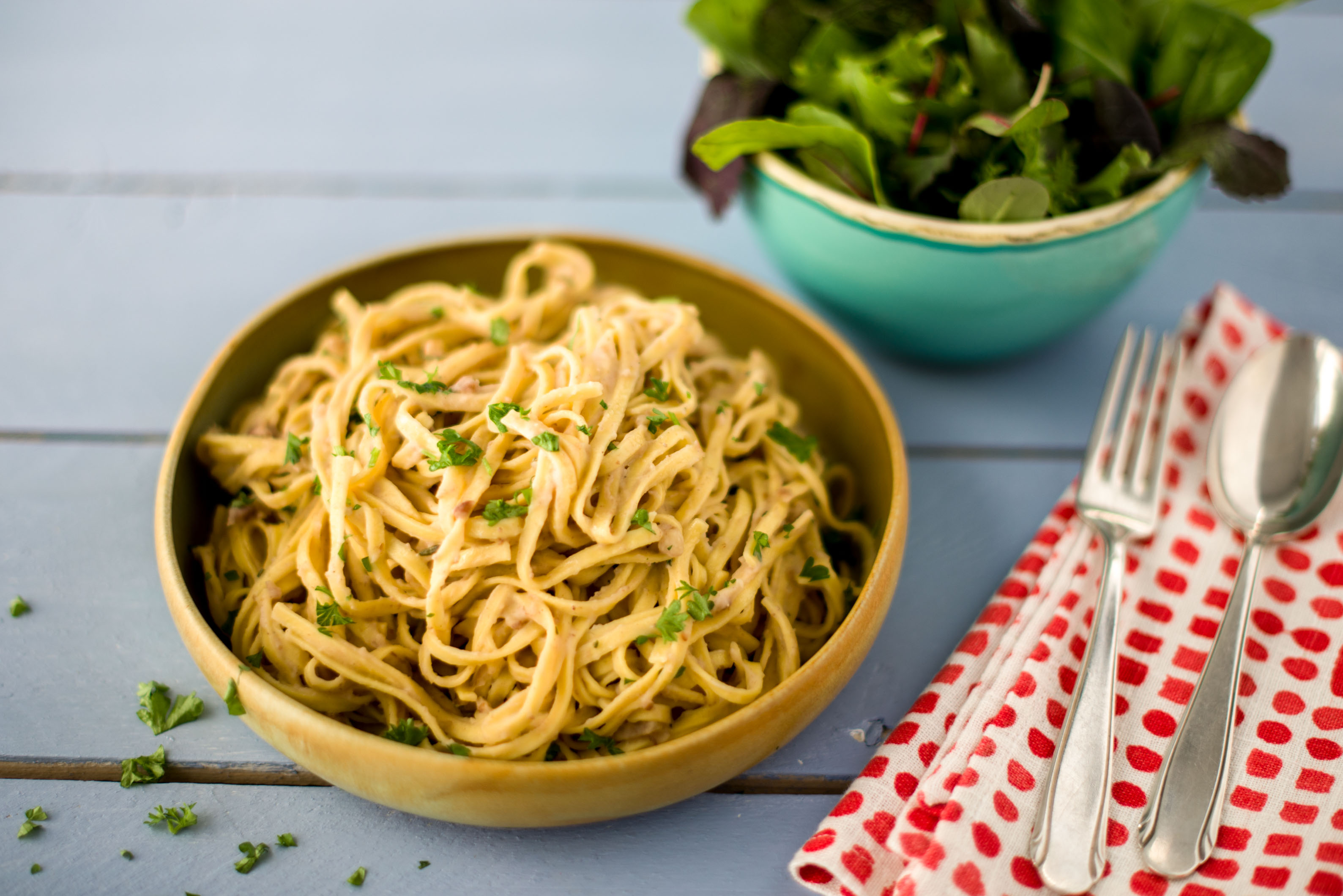 Herbstliche Fettuccine mit Bacon
