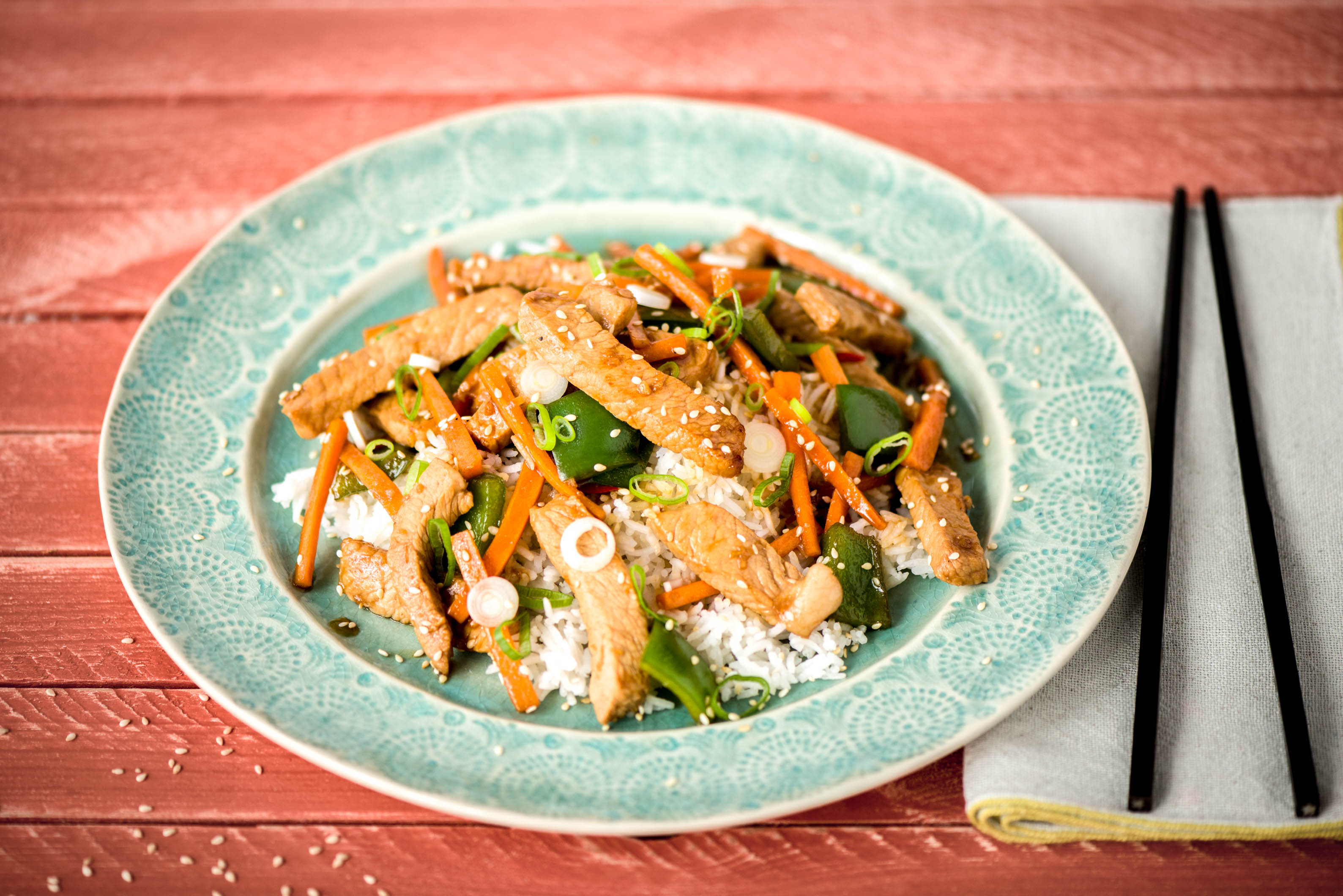 Asiatische Schweinelachs-Gemüse-Pfanne,