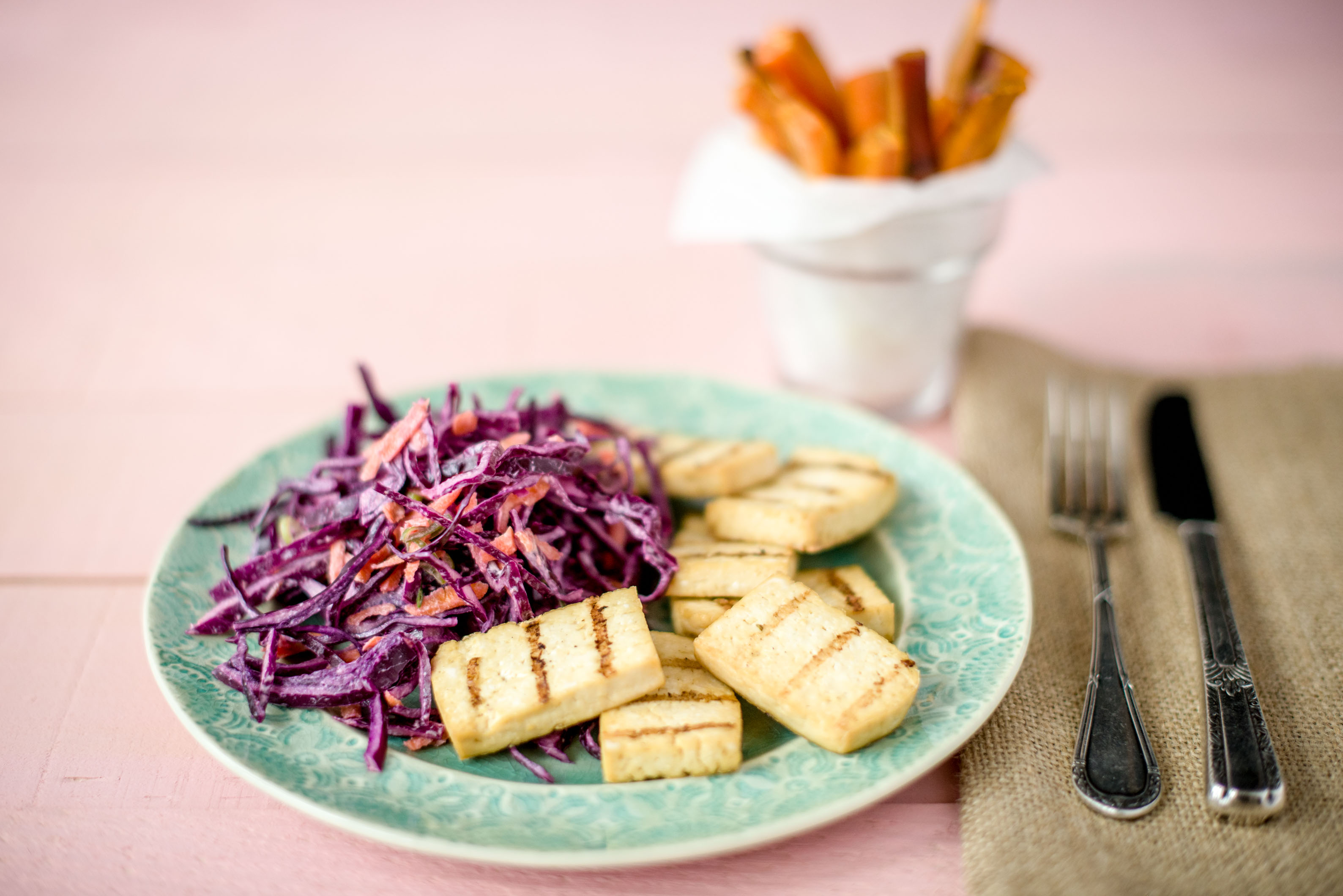 Baked Tofu with Healthy Fries and Slaw