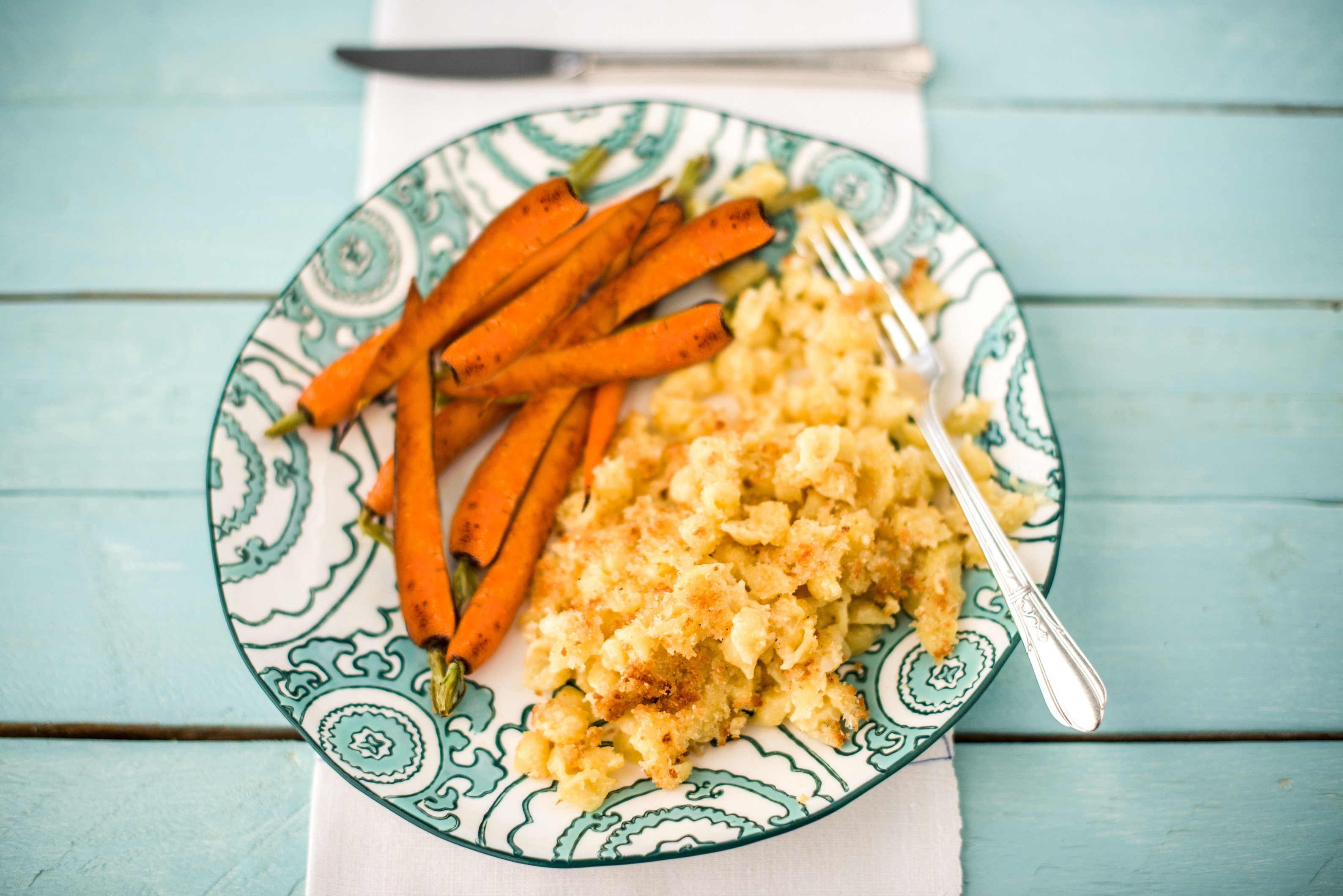 Stovetop Shells and Cheddar with Crispy Breadcrumbs and Roasted Carrots