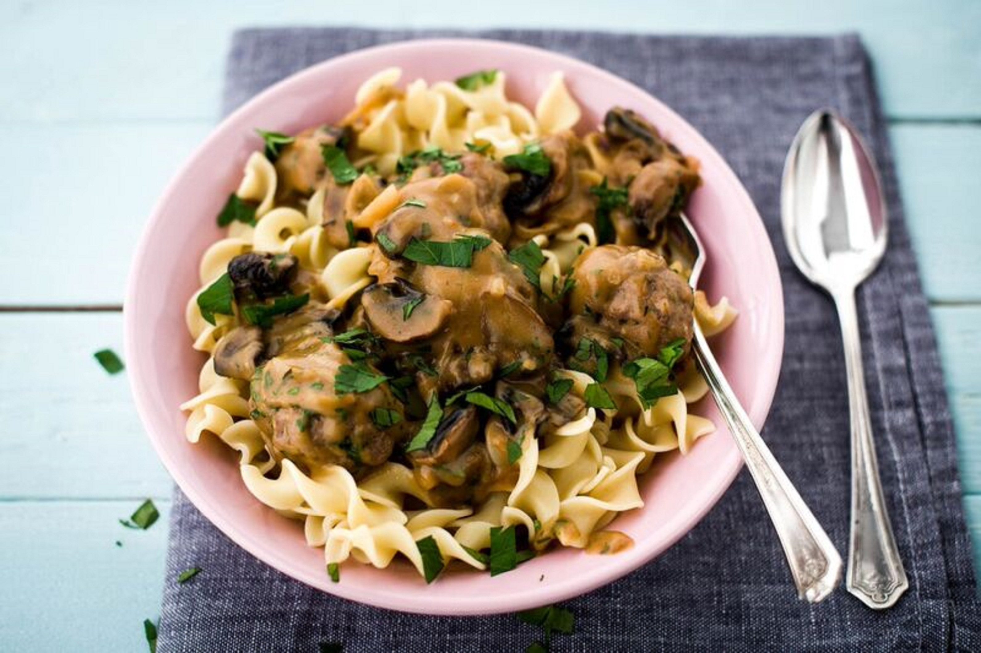 Spiced Swedish Meatballs with Roasted Mushrooms and Egg Noodles