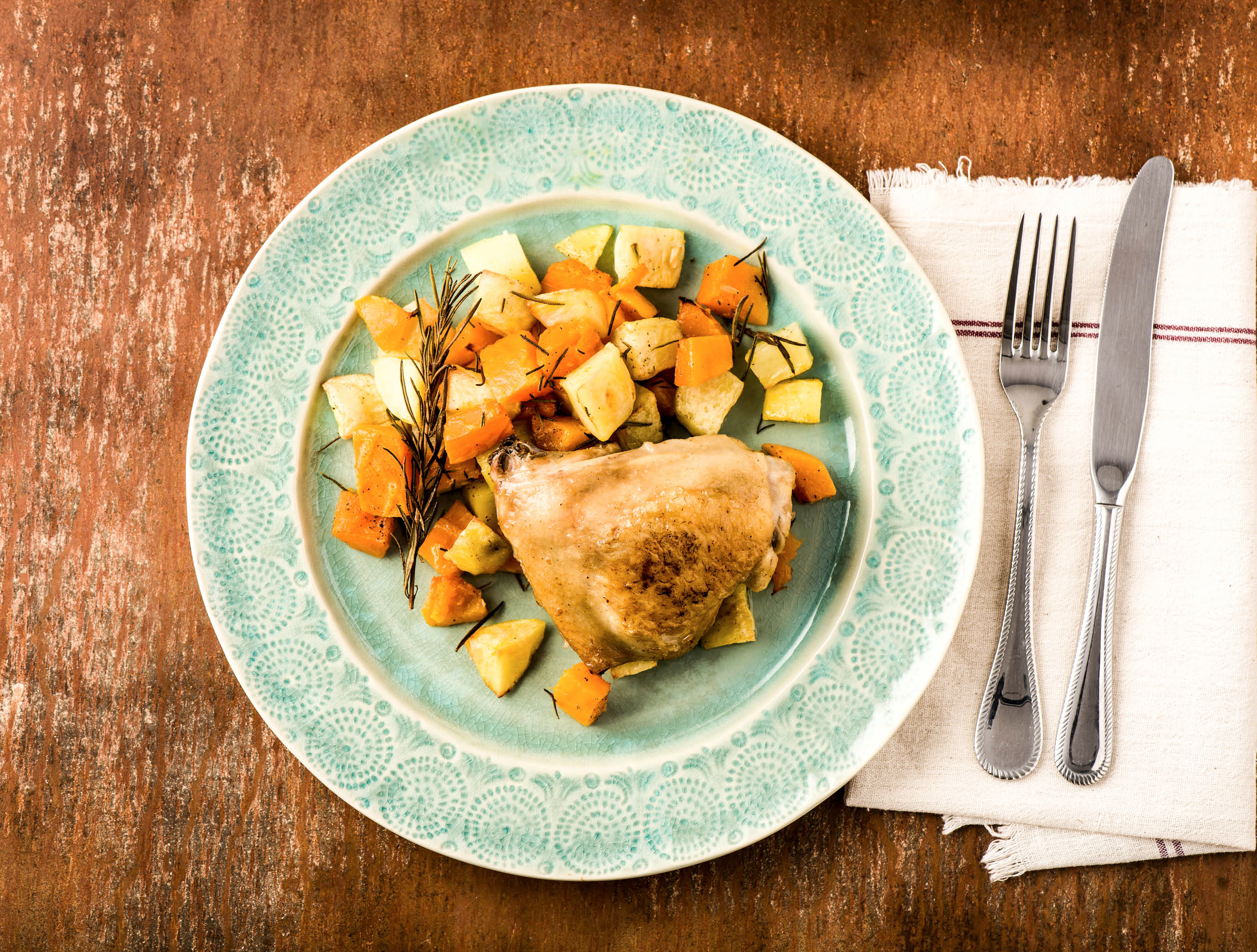Gekonfijte kippendij met pompoen en goudreinet appel