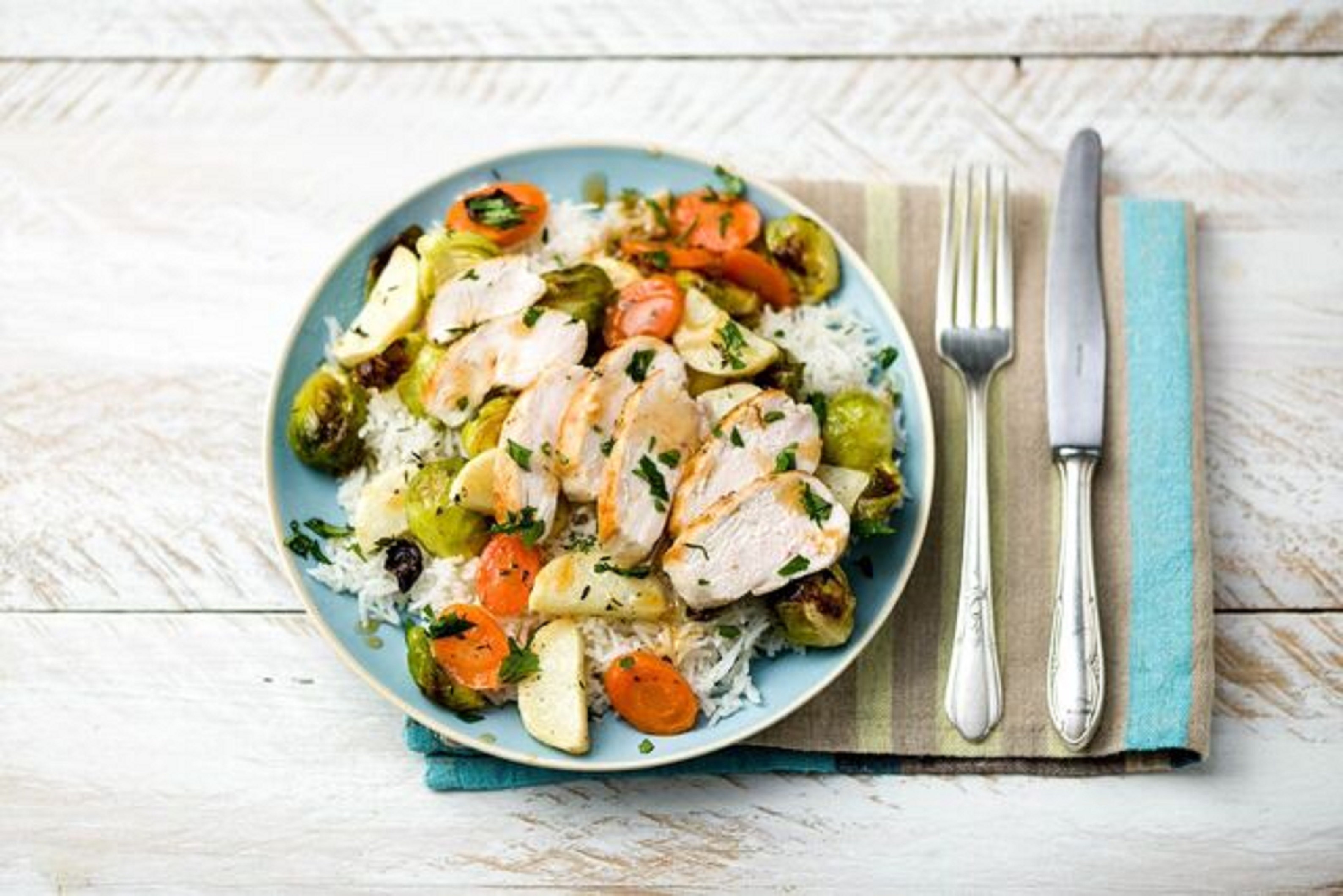 Oven-Roasted Chicken with Winter Vegetables, Basmati Rice, and Lemon-Thyme Pan Sauce