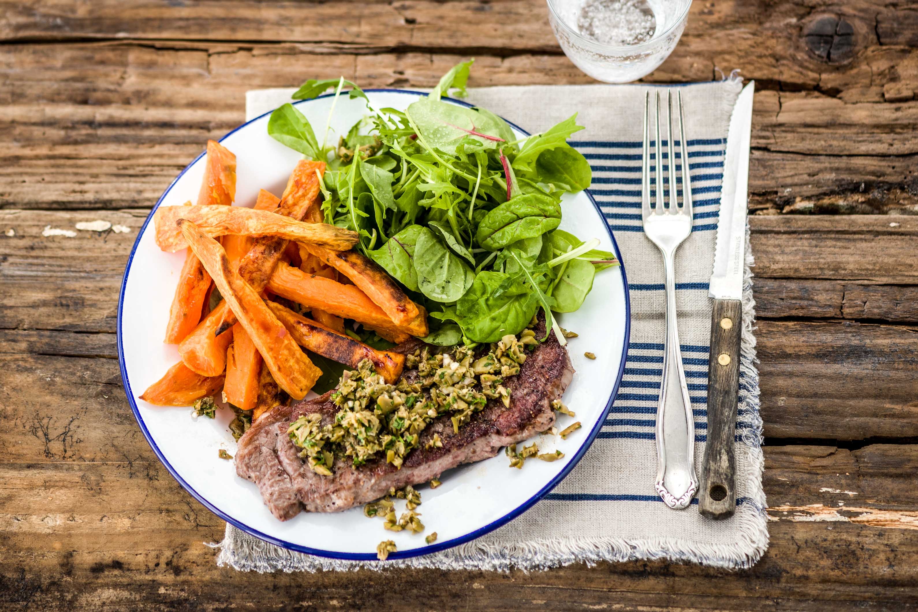 New York Steak with Green Olive & Caper Salsa