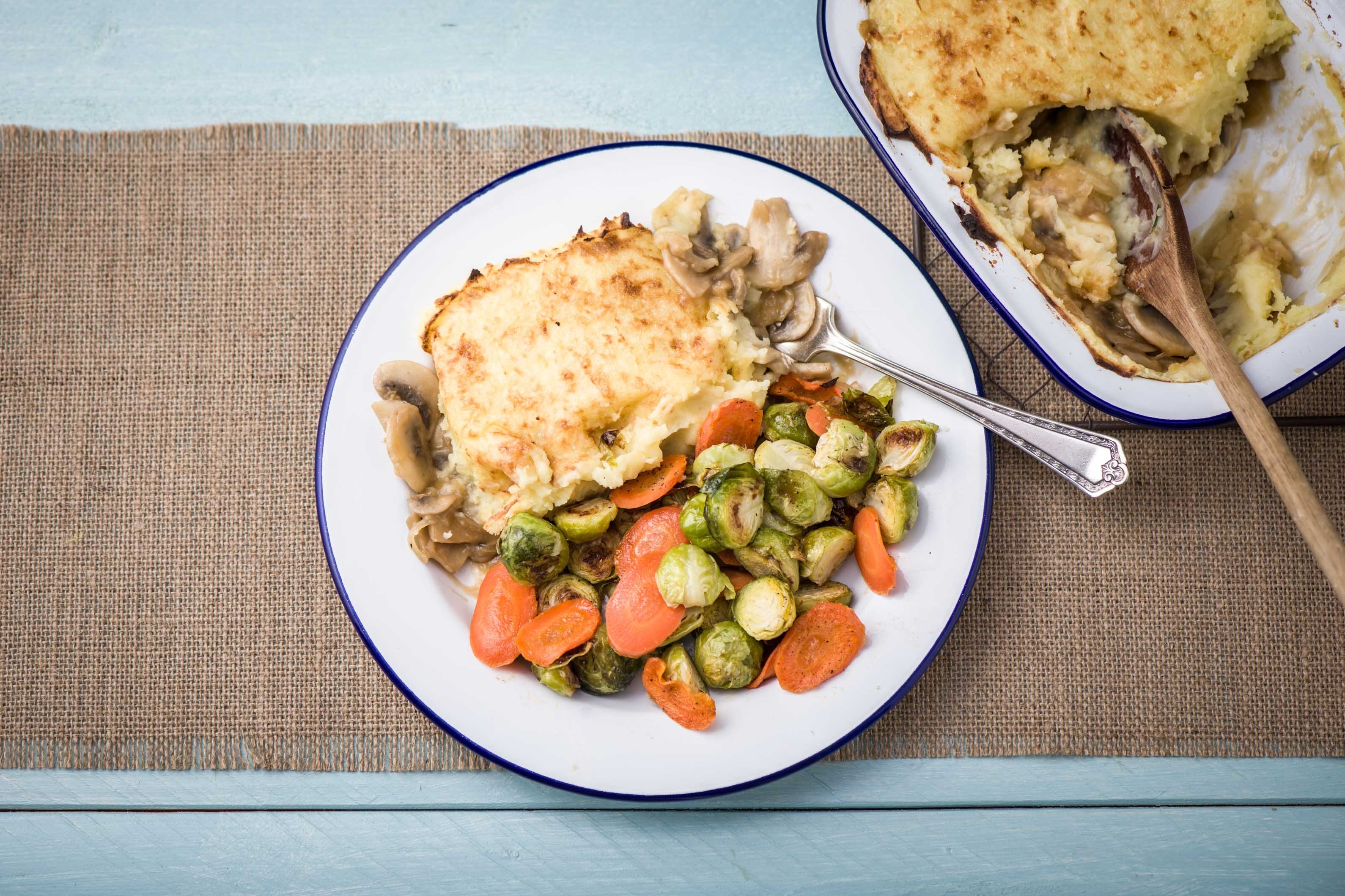 Mushroom and Caramelized Onion Shepherd’s Pie with Roasted Carrots and Brussels Sprouts