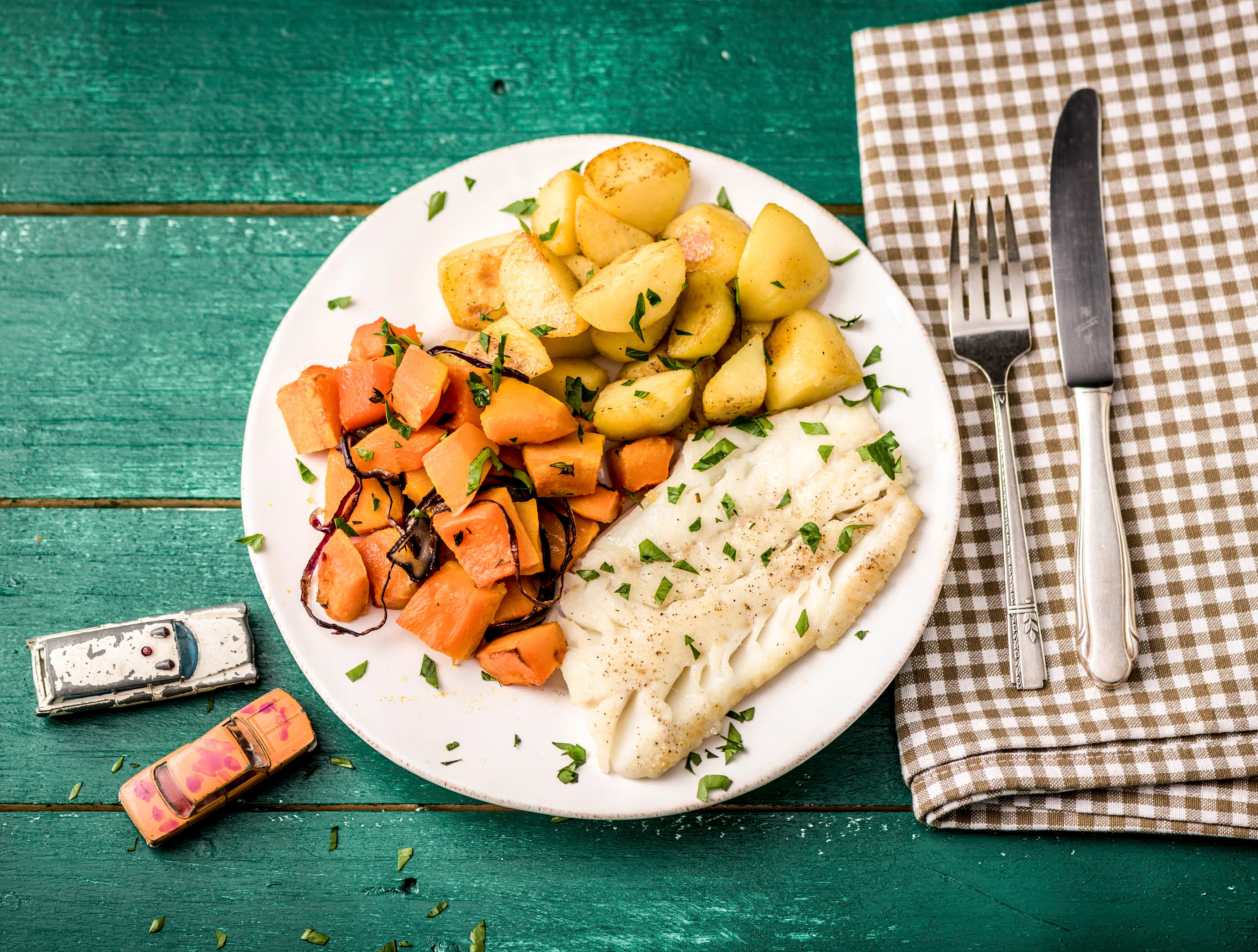 Pim-pam-pompoen met schelvis en peterselie