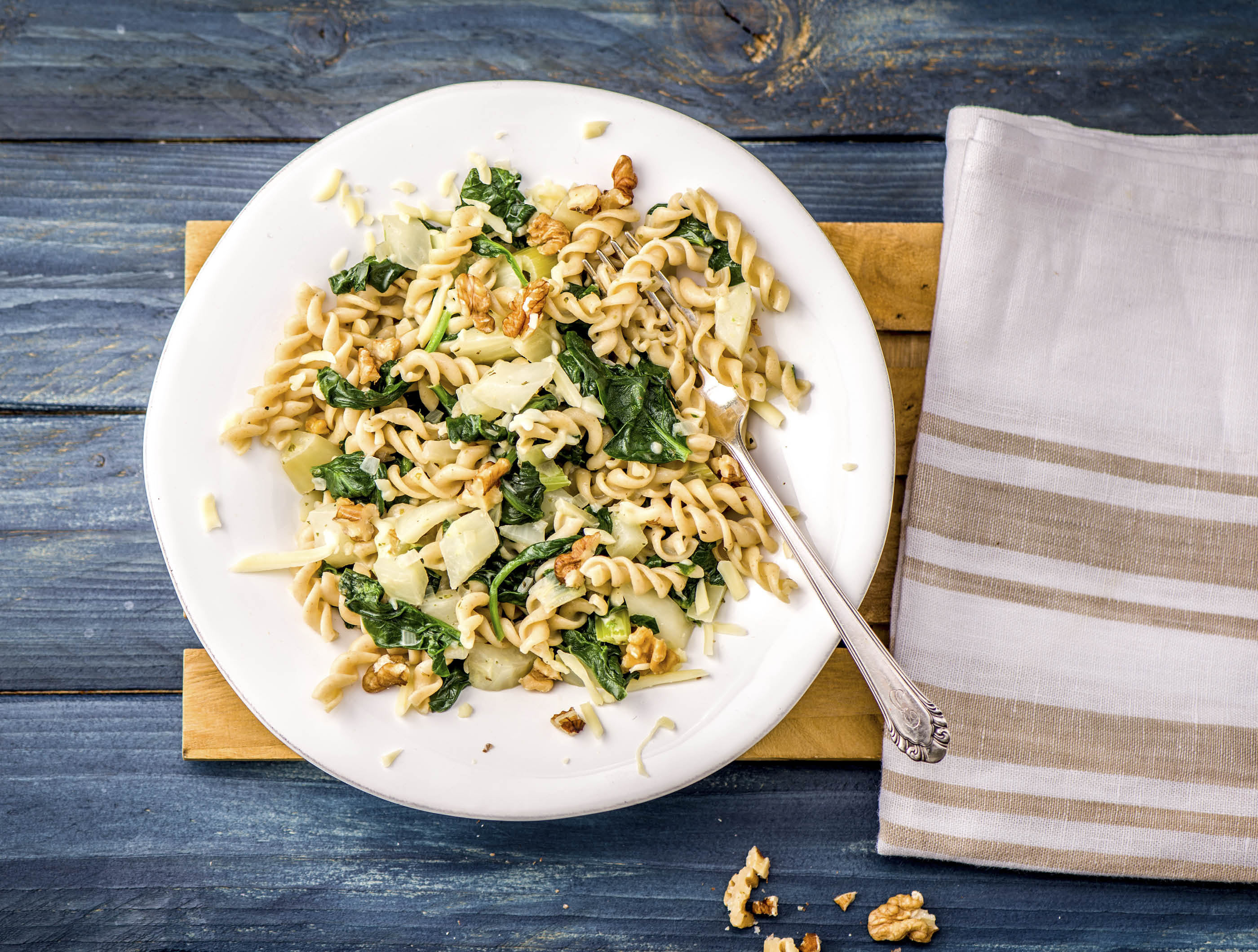 Romige fusilli met spinazie en geitenkaas