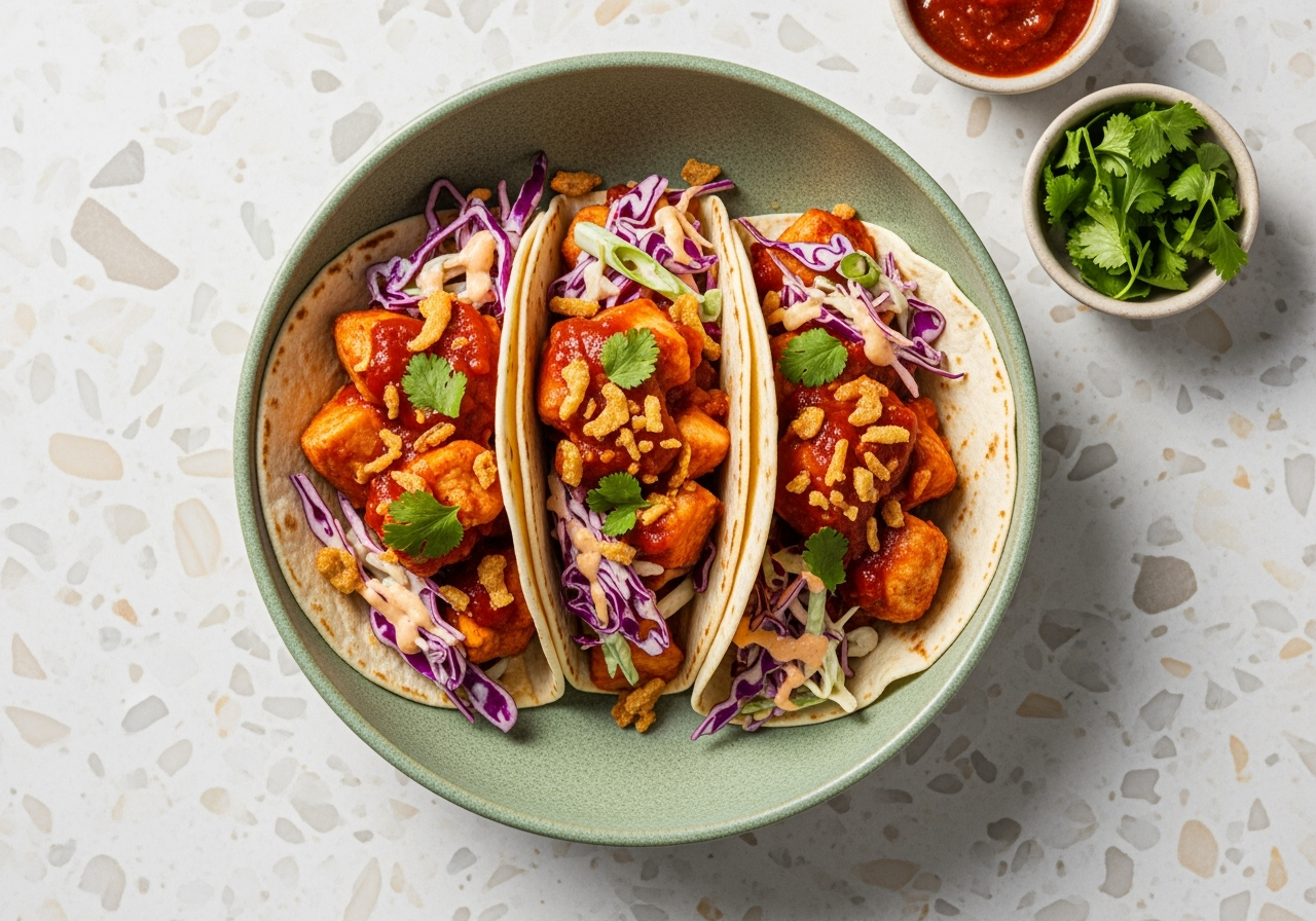 [PROTEIN DOUBLE CHOPPED CHICKEN BREASTS] Saucy Cumin Chicken Tacos with Creamy Sriracha Slaw & Crispy Fried Onions