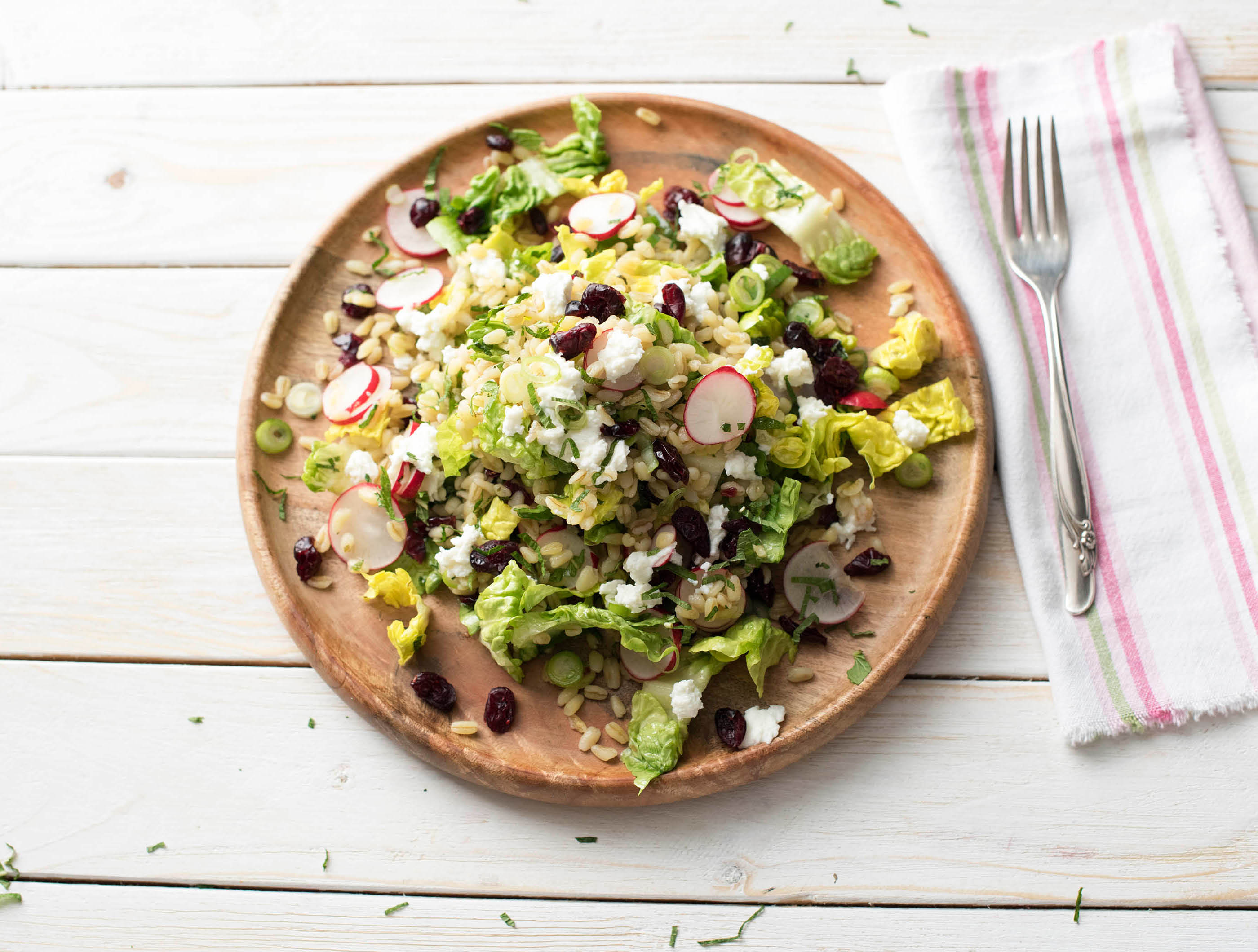 Parelgerstsalade met ricotta, cranberries en little gem