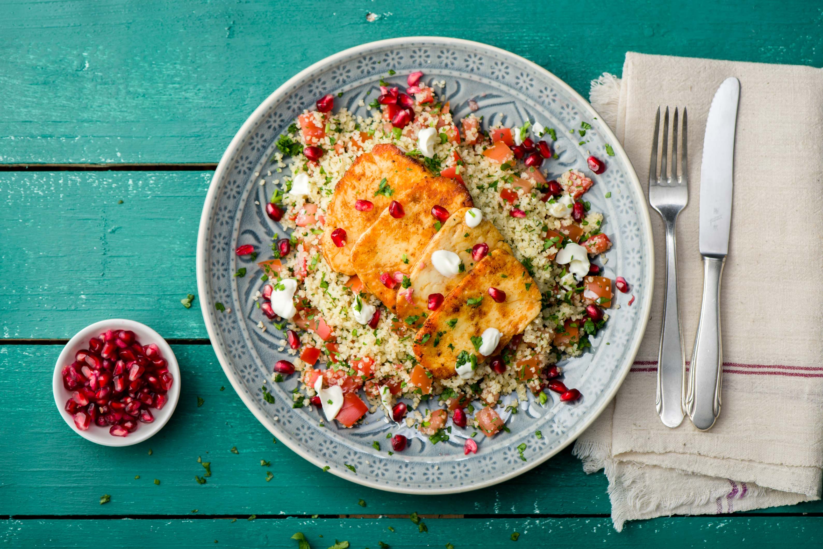 Harissa Halloumi with Pomegranate Tabbouleh