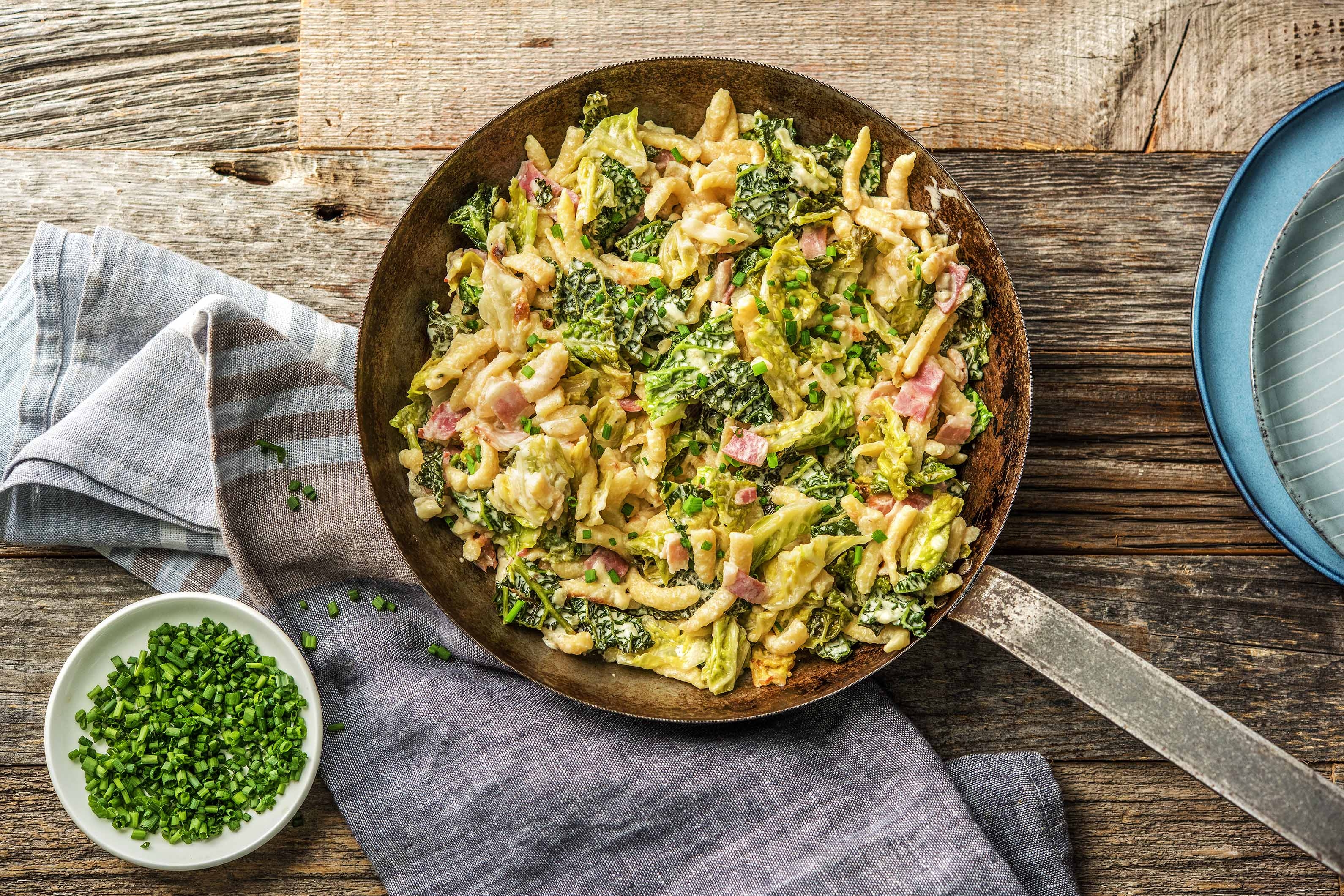 Käsespätzlepfanne mit Bacon,