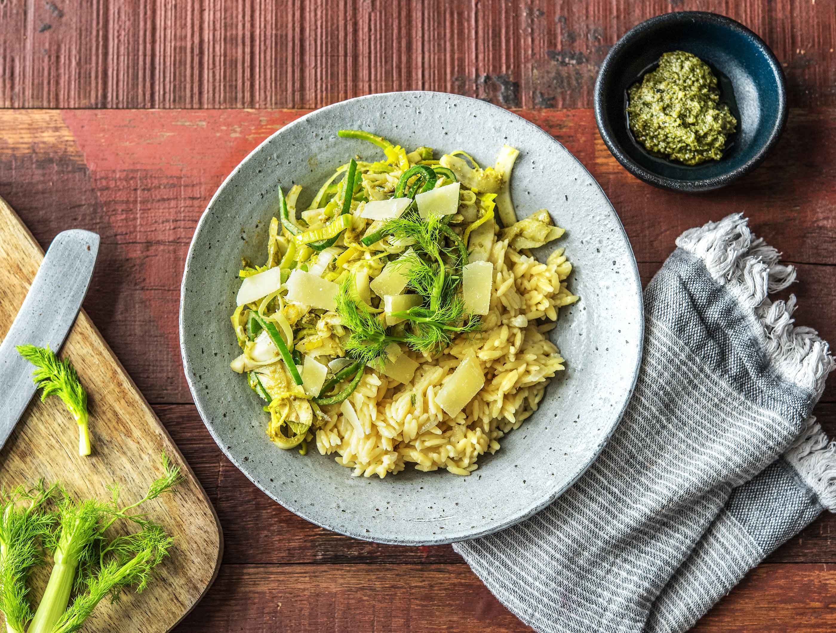 Orzo au pesto alla genovese et au poireau