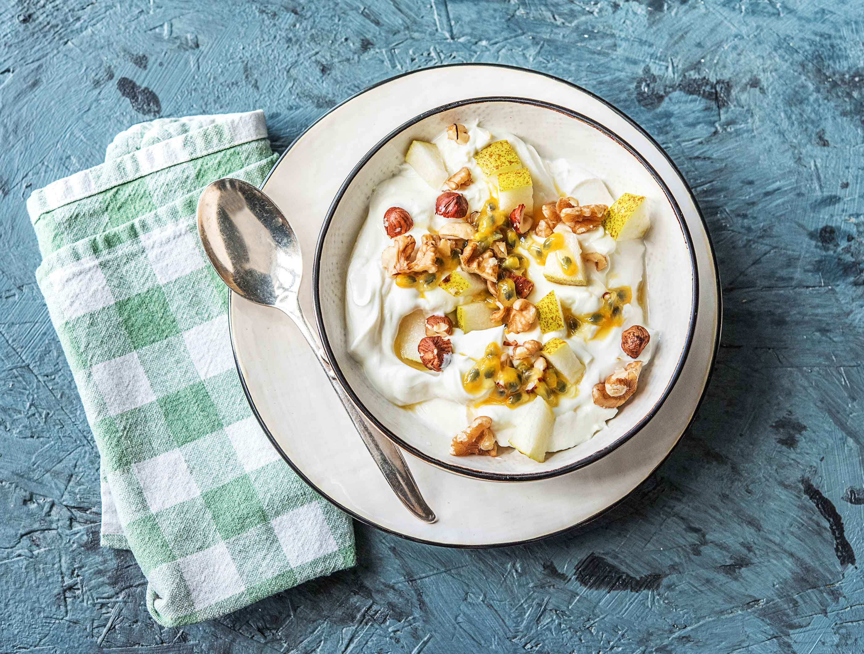 Fromage blanc à la poire, au fruit de la passion