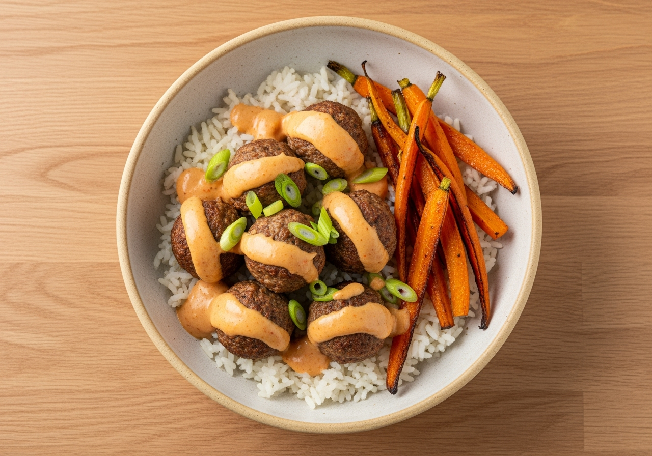 [SIDE CARB SWAP JASMINE RICE TO MICROWAVABLE RICE] Bang Bang Meatballs with Roasted Carrots and Rice (D2V v2)