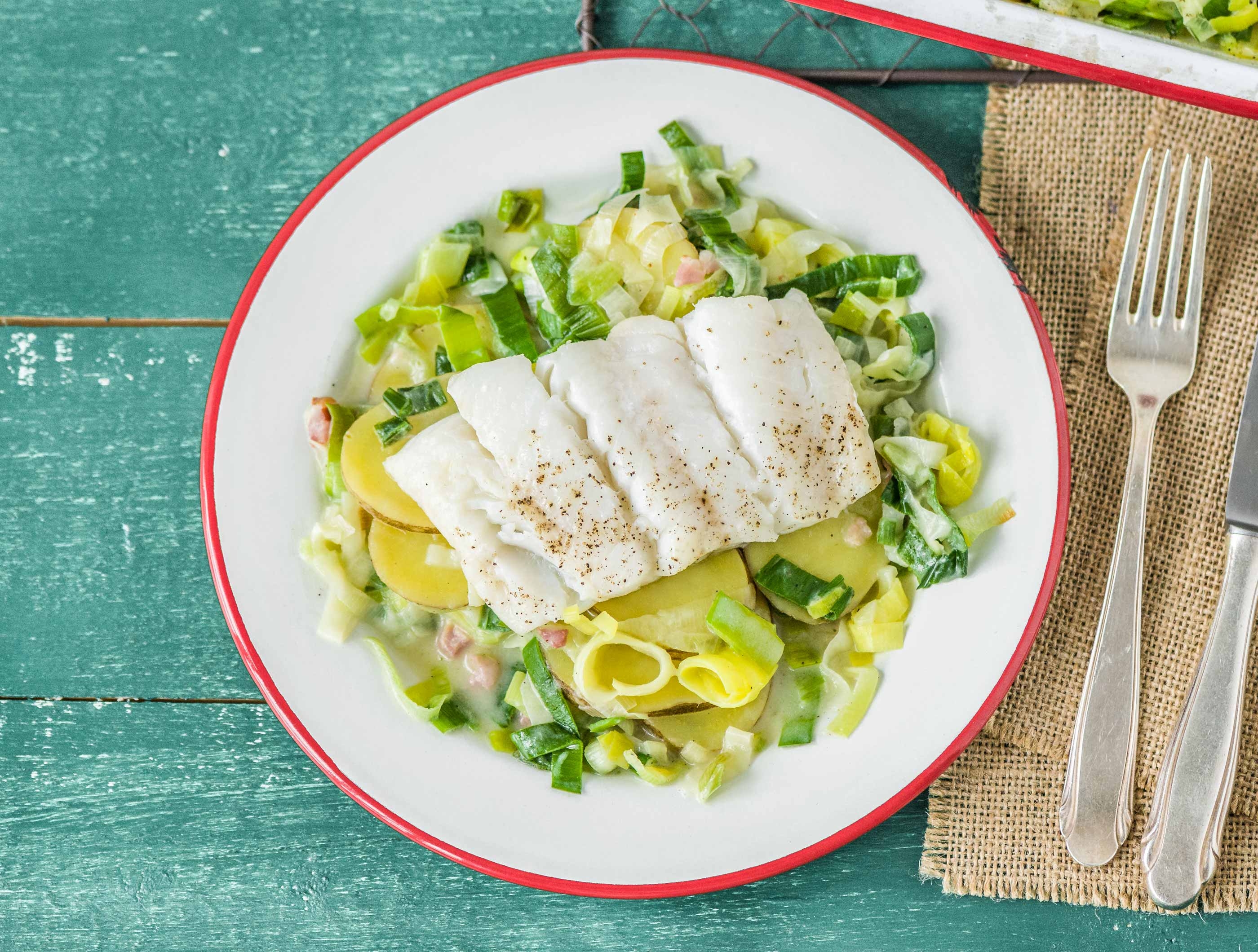 Pommes de terre crémeuses, lardons et cabillaud