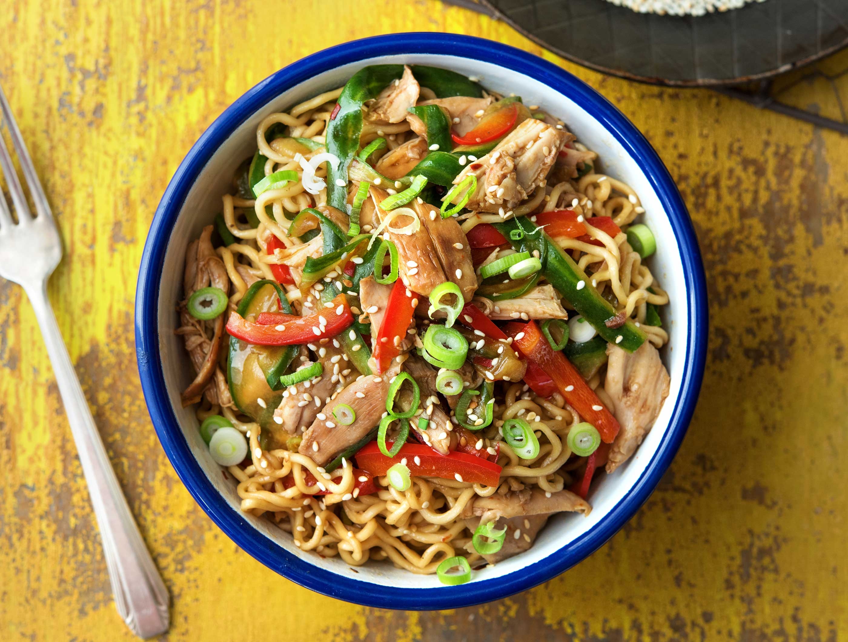 Nouilles orientales au poulet, sauce piquante soja-piment rouge