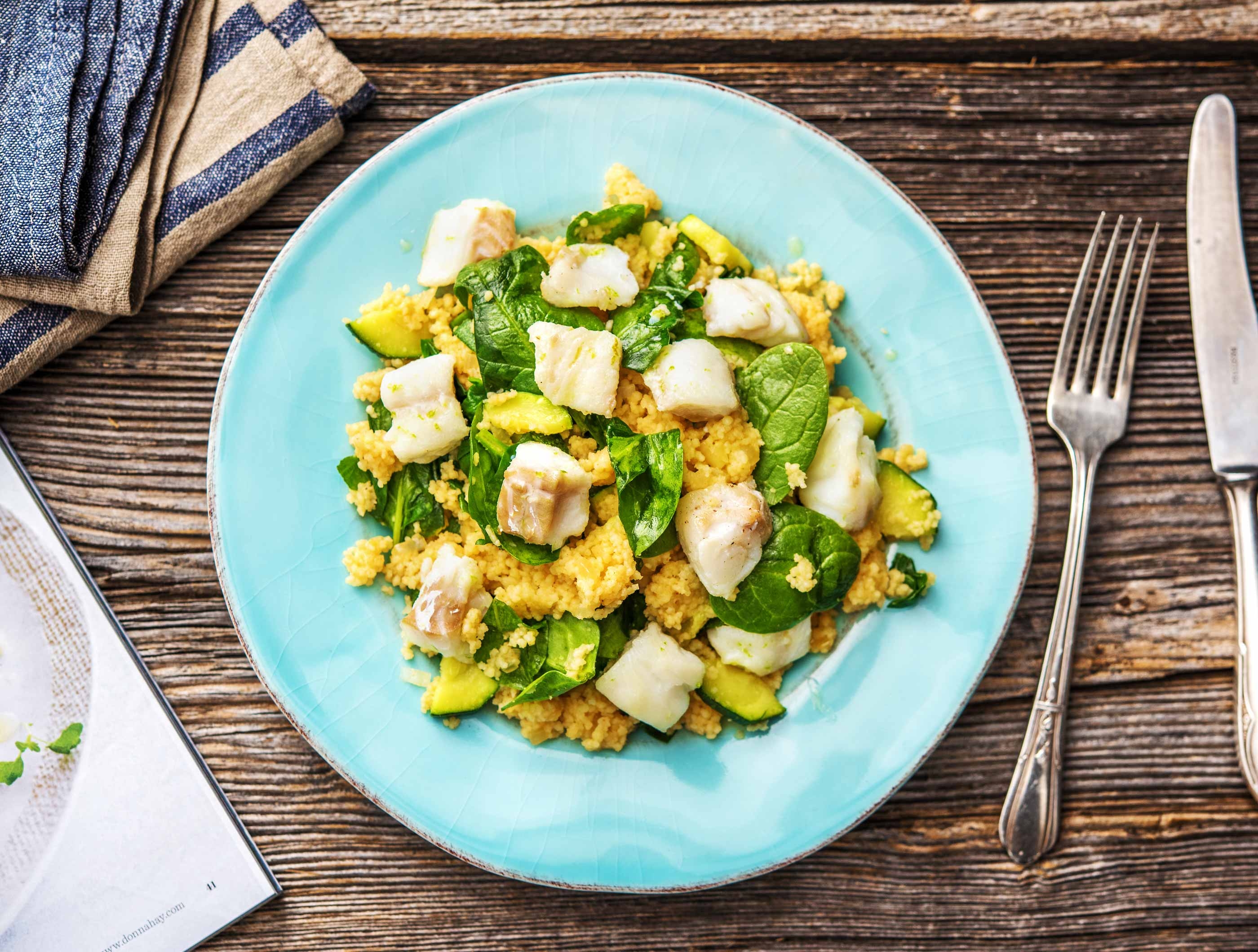 Filet de colin, semoule et vinaigrette au citron vert