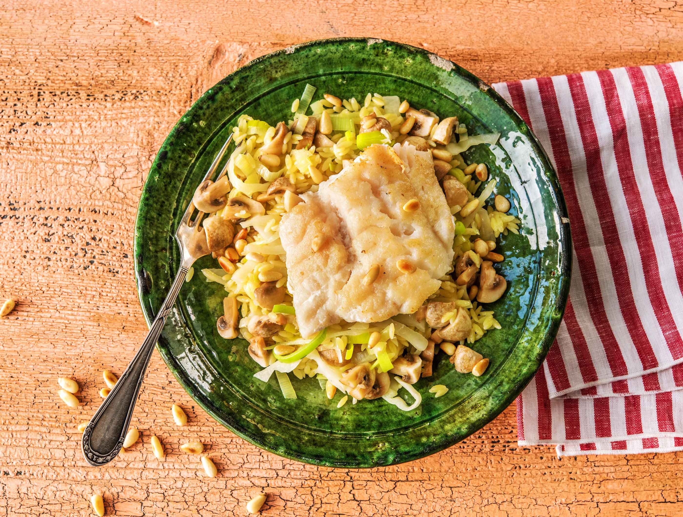 Orzo au cabillaud et aux champignons