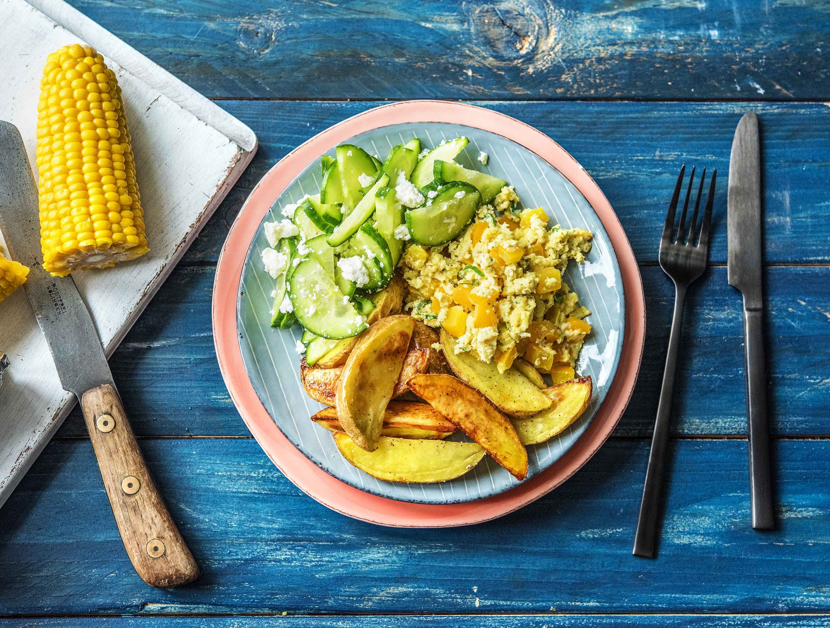 Oeufs brouillés aux légumes et pommes de terre