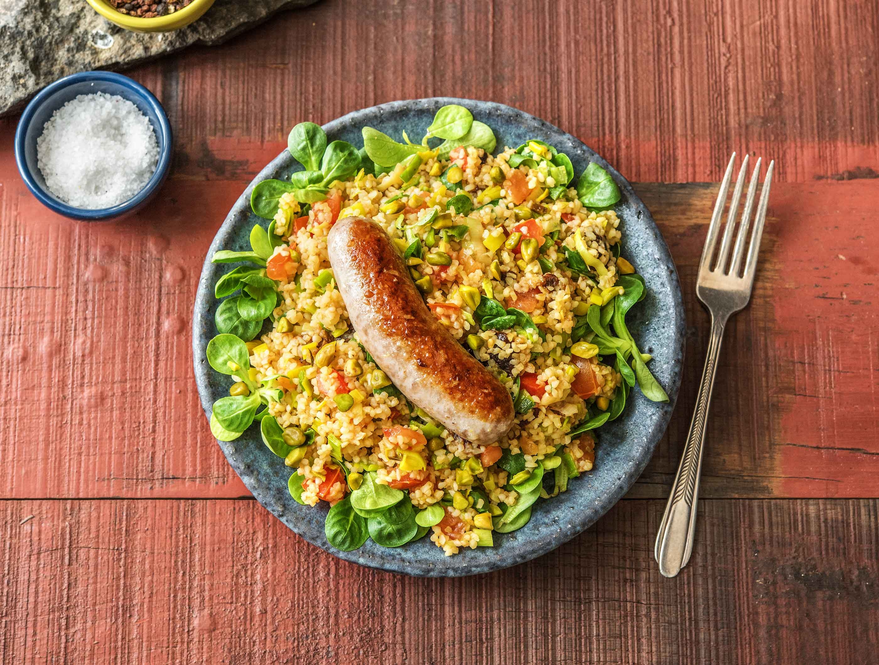 Boulgour et saucisse de Blanc bleu belge