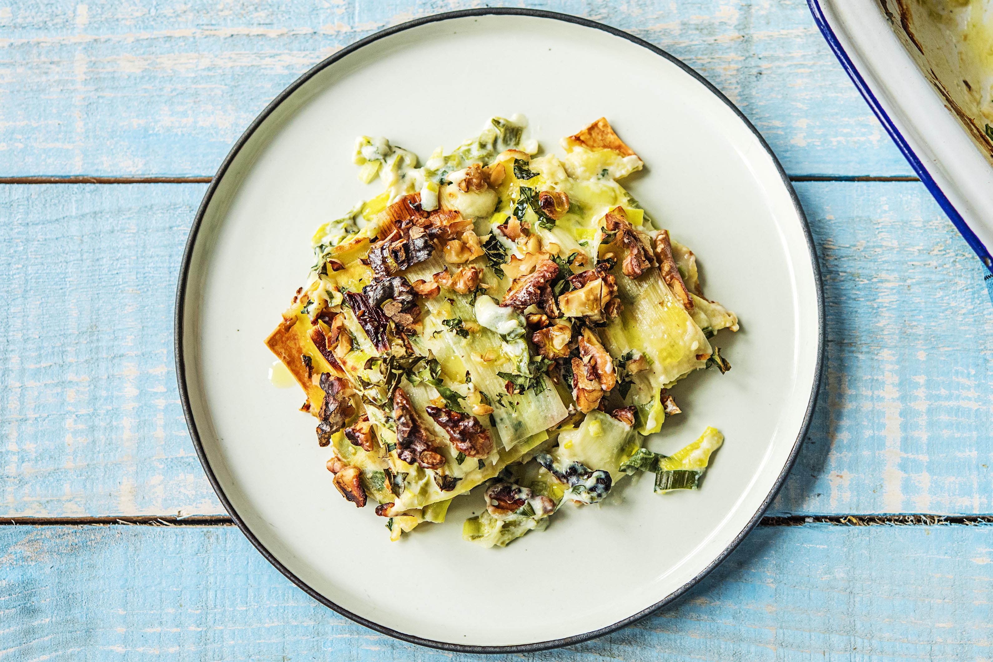 Lasagne de poireaux au bleu et aux noix