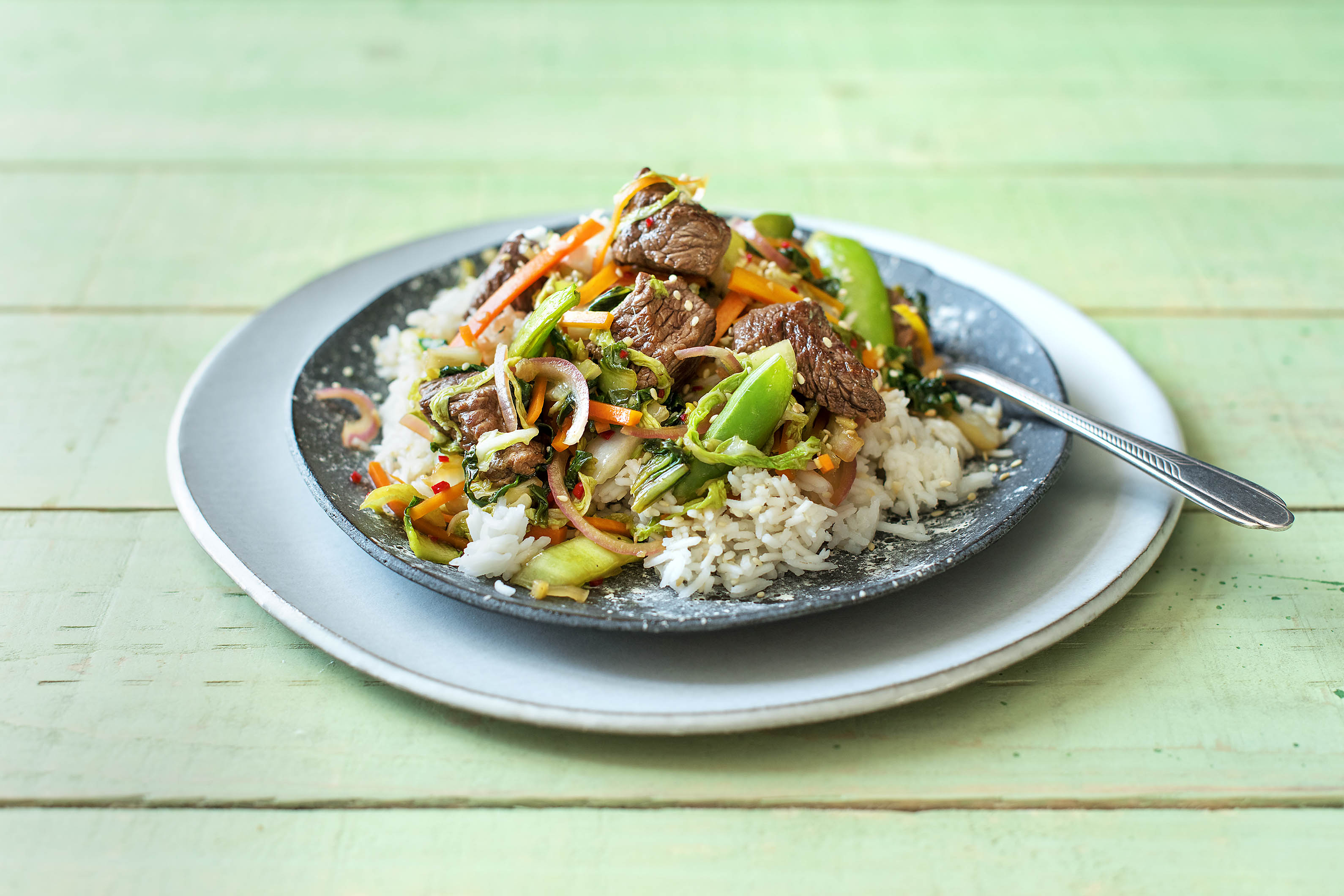 Bœuf sauté au wok et riz basmati au sésame