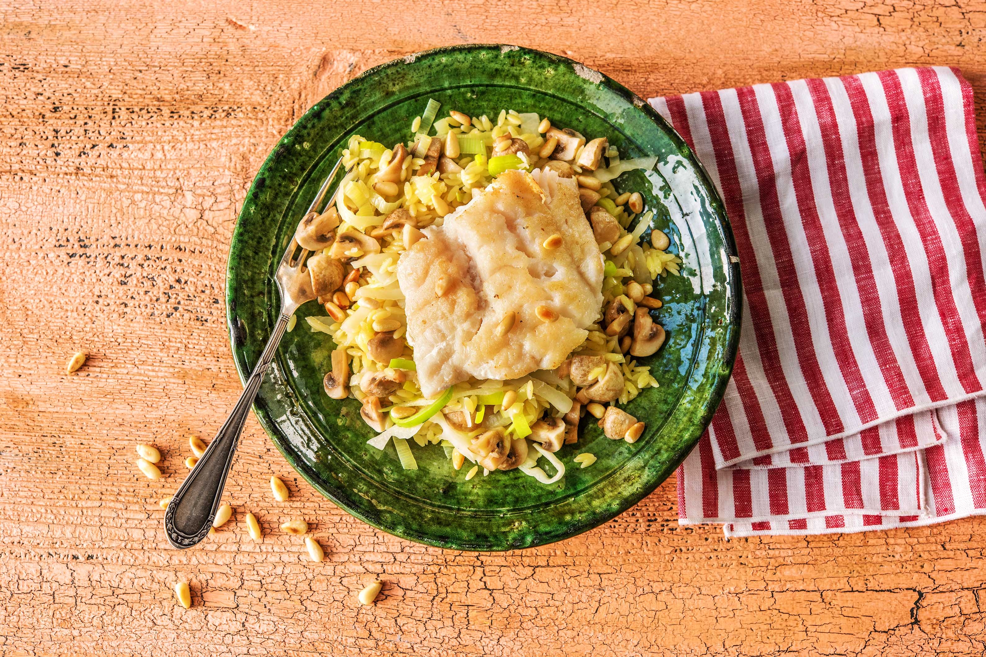 Orzo au cabillaud et aux champignons