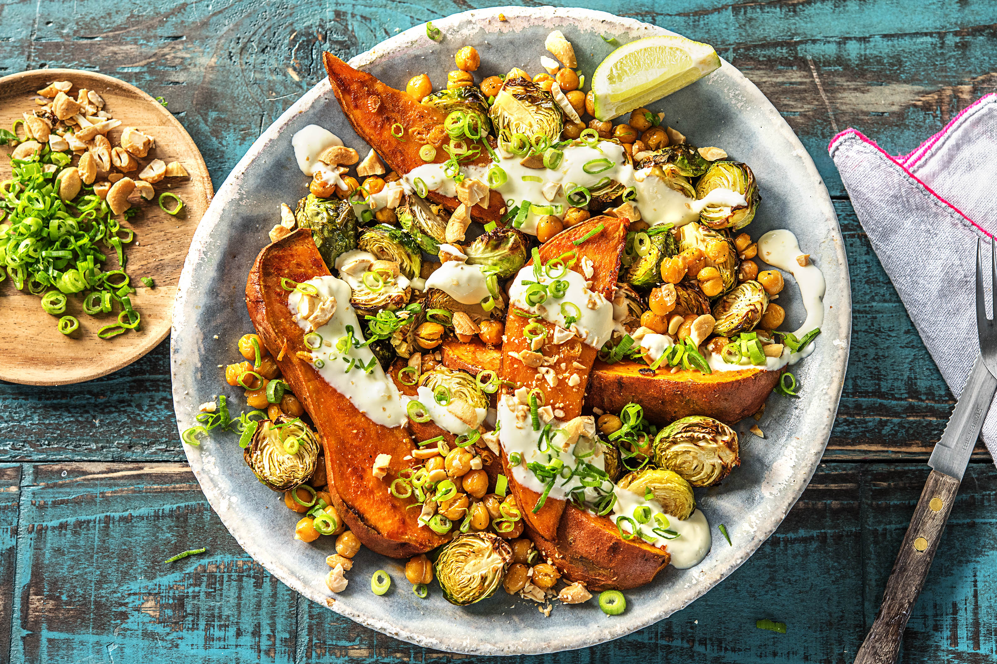 Pois chiches croquants et choux de bruxelles rôtis