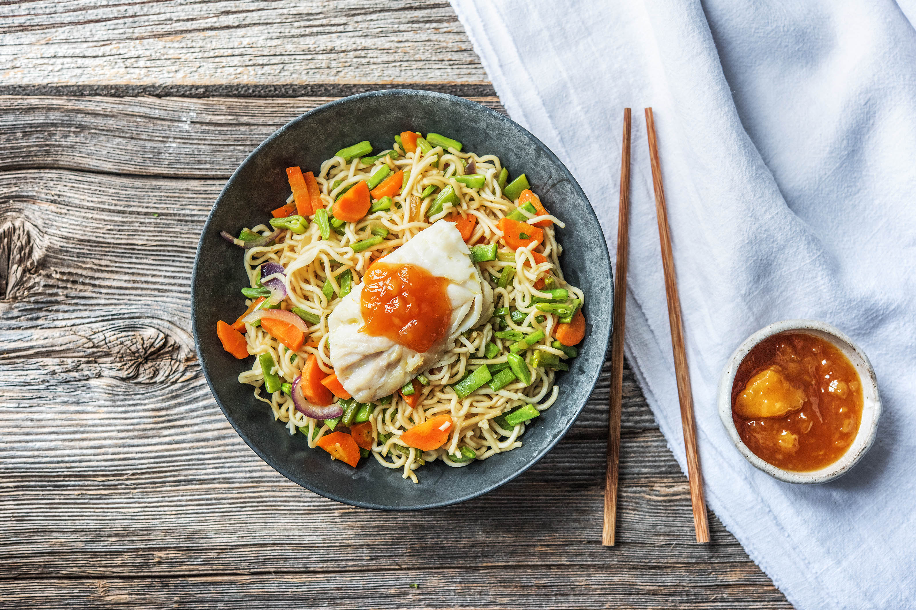 Schelvisfilet met noedels