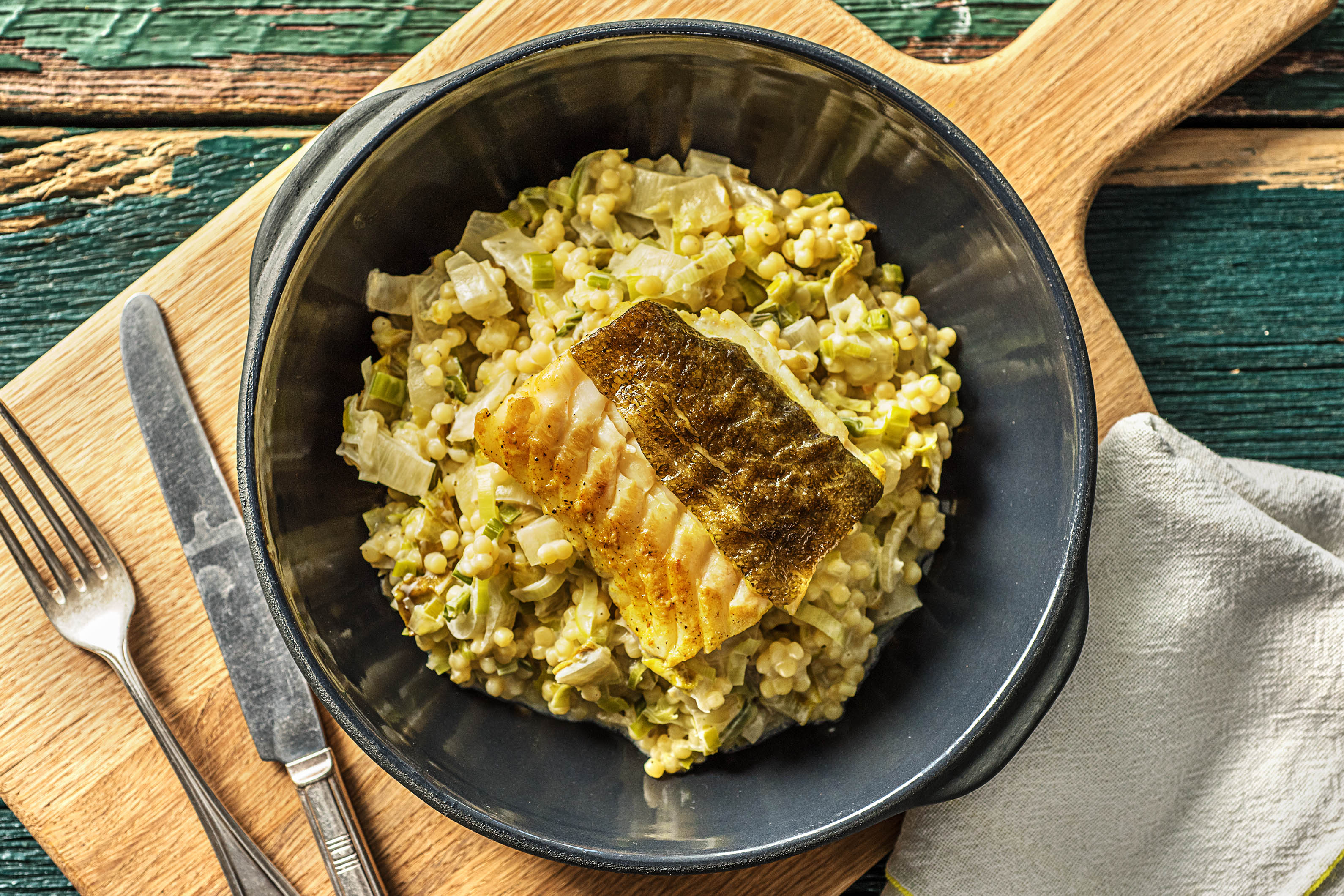 Romige parelcouscous met heekfilet