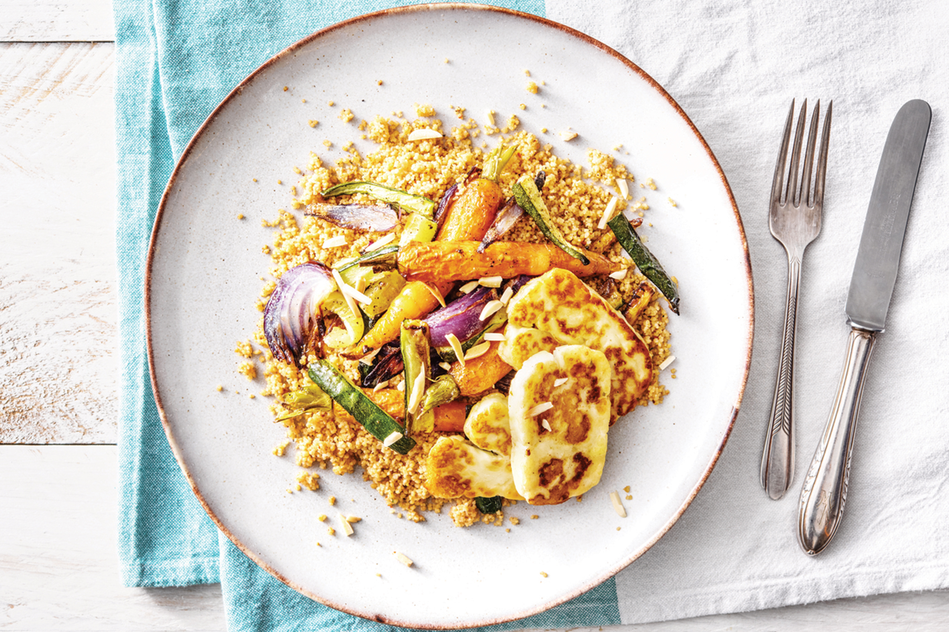 (Vegetarian) Roast Dutch Carrot & Basil Haloumi Spiced Couscous