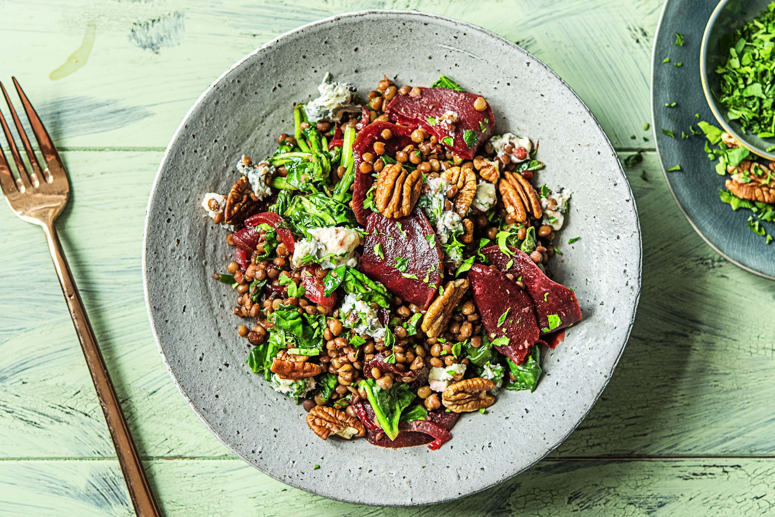 Linzensalade met spinazie en danablu