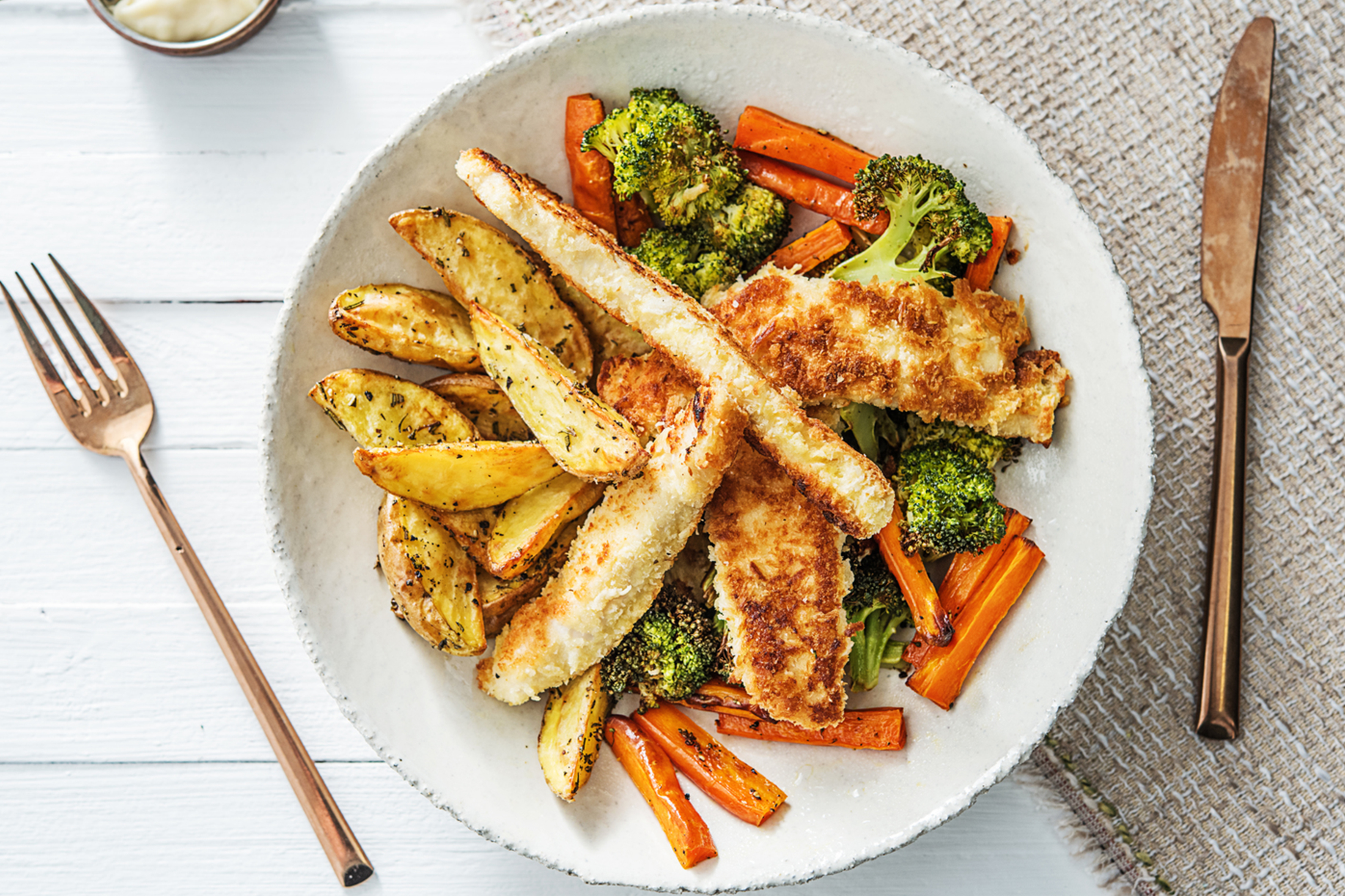 Crumbed Chicken Dippers & Rosemary Roasted Potato Wedges