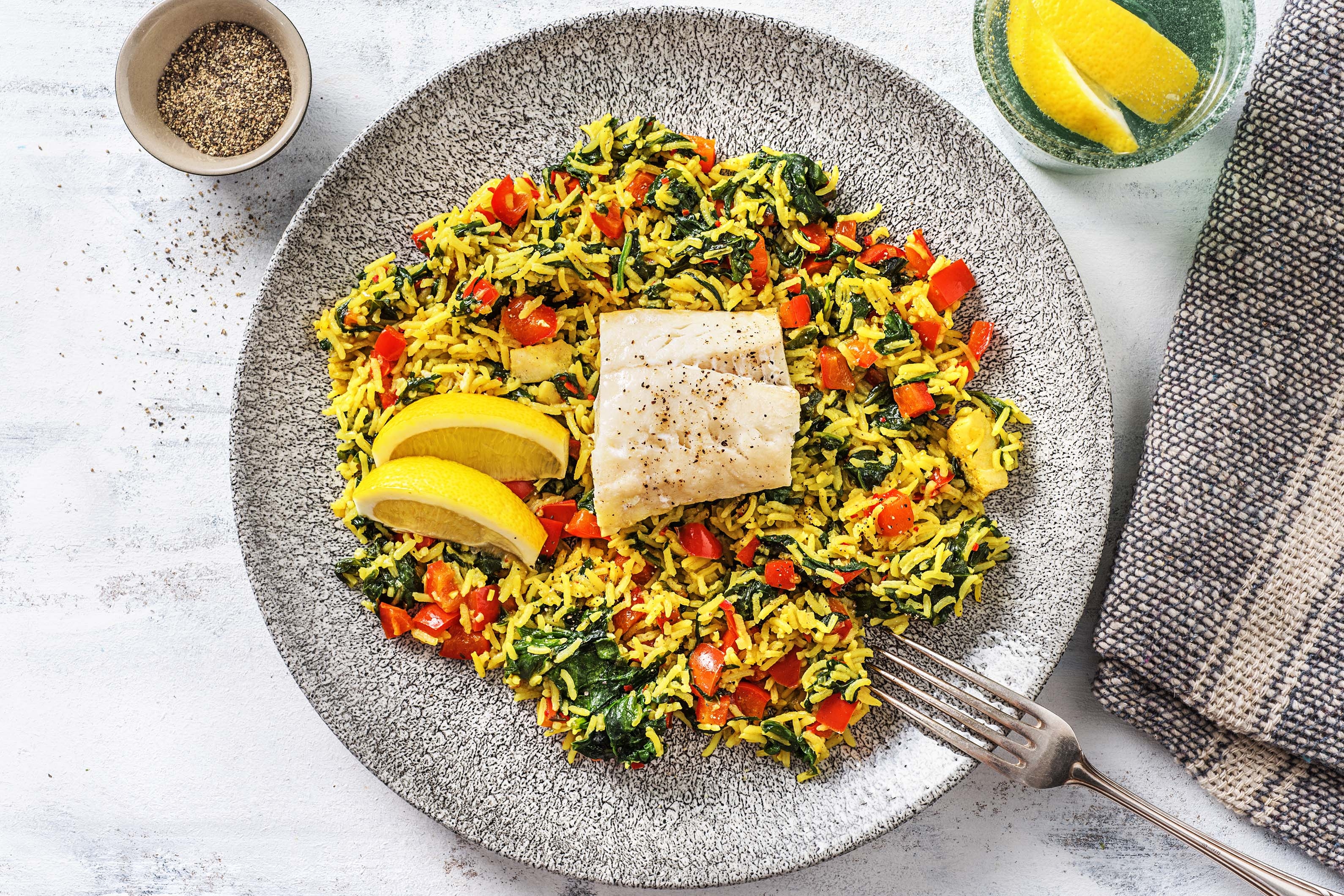 Pilaf et cabillaud à la vapeur