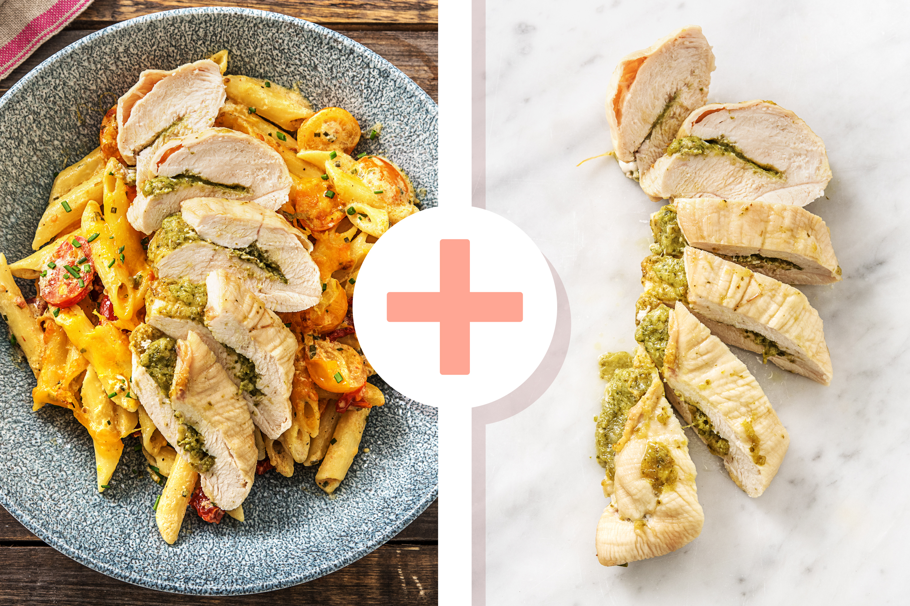 Überbackene Penne mit gefüllter Hühnerbrust