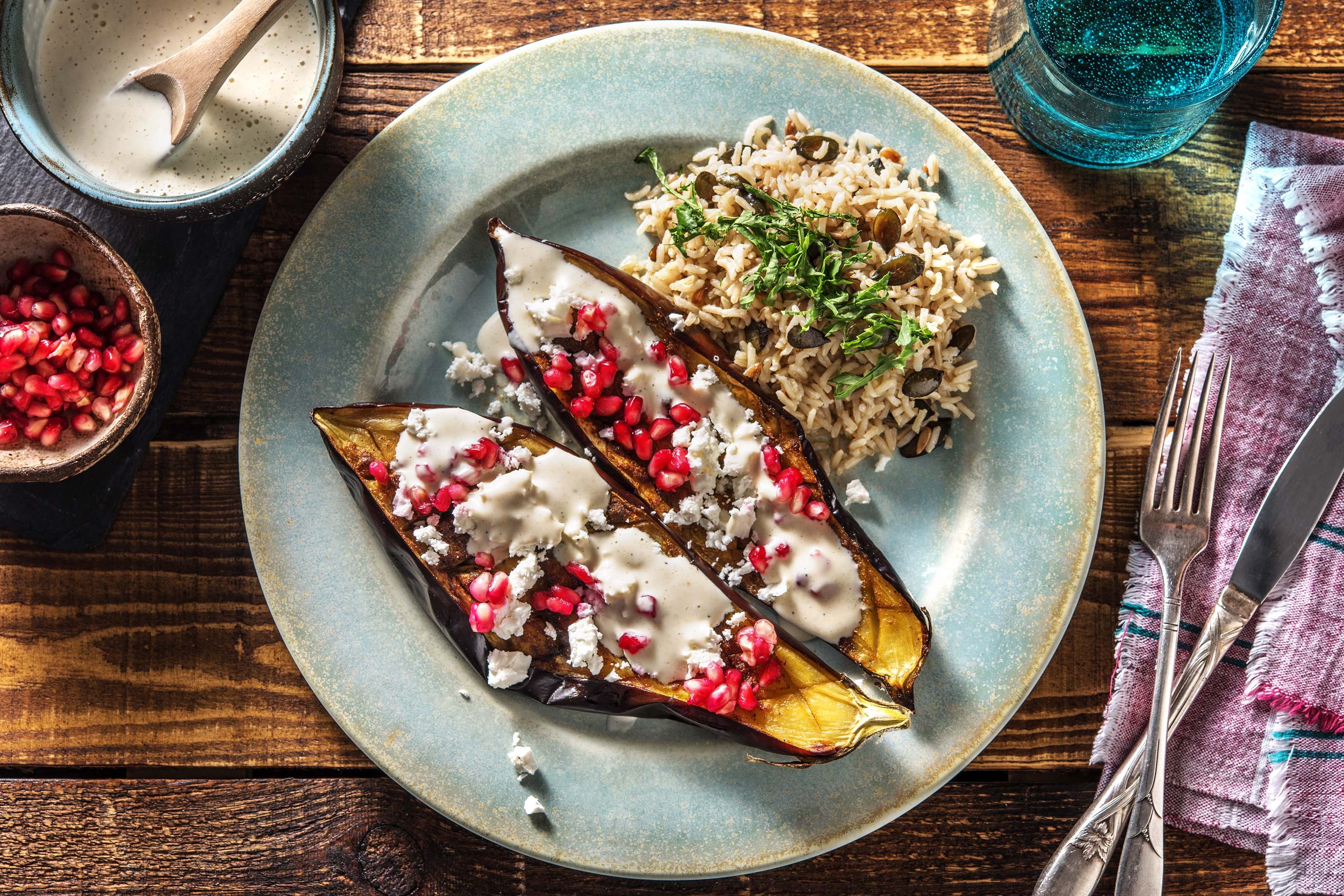 Aubergine rôtie et riz aux graines