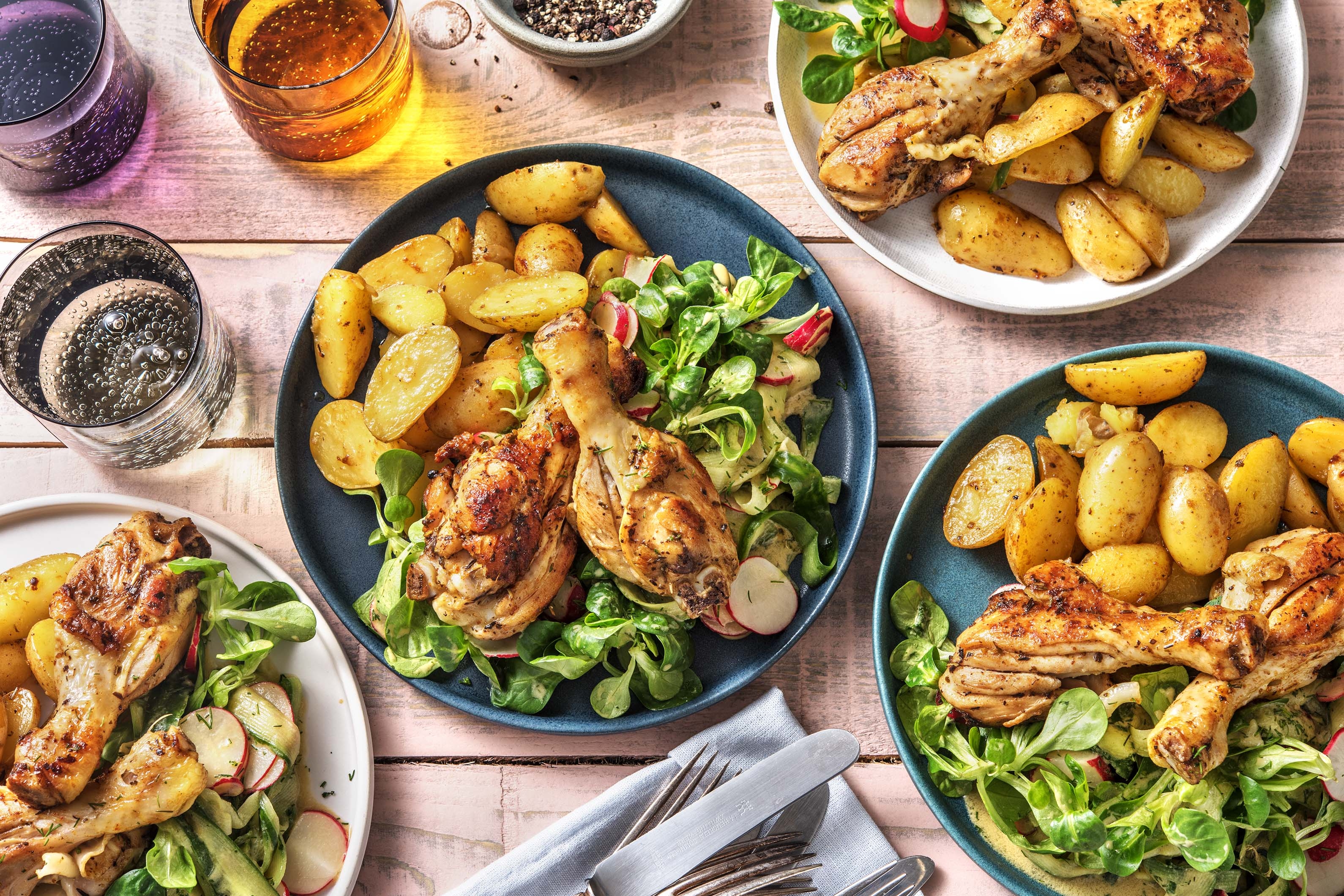 Gemarineerde kipdrumsticks met krieltjes