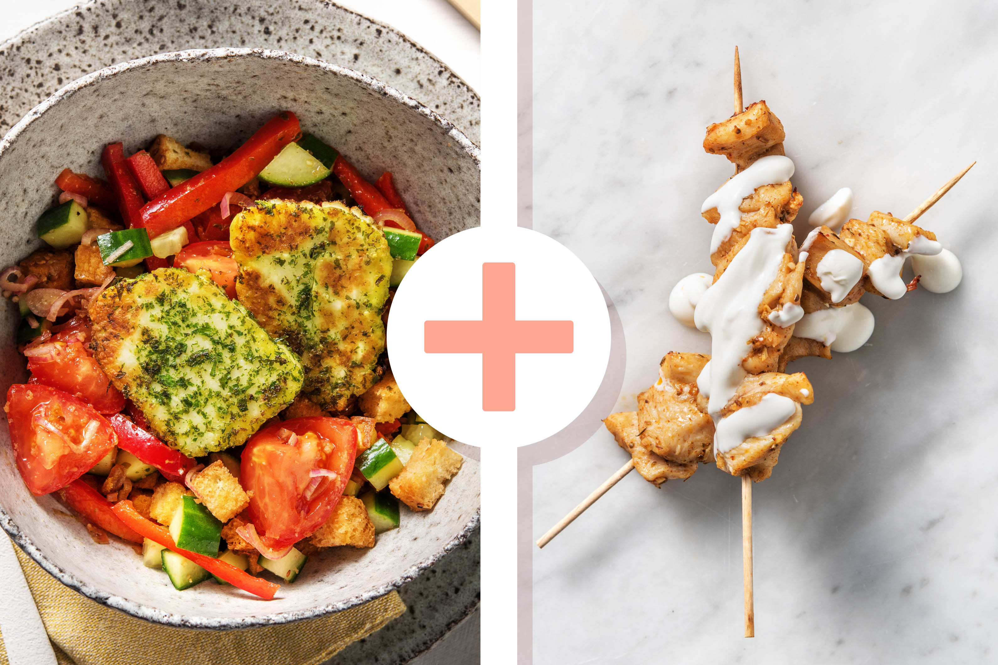 Halloumi-Brot-Salat mit Hähnchenspießen