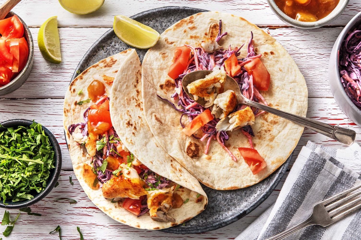 Tacos au poisson et chutney de mangue