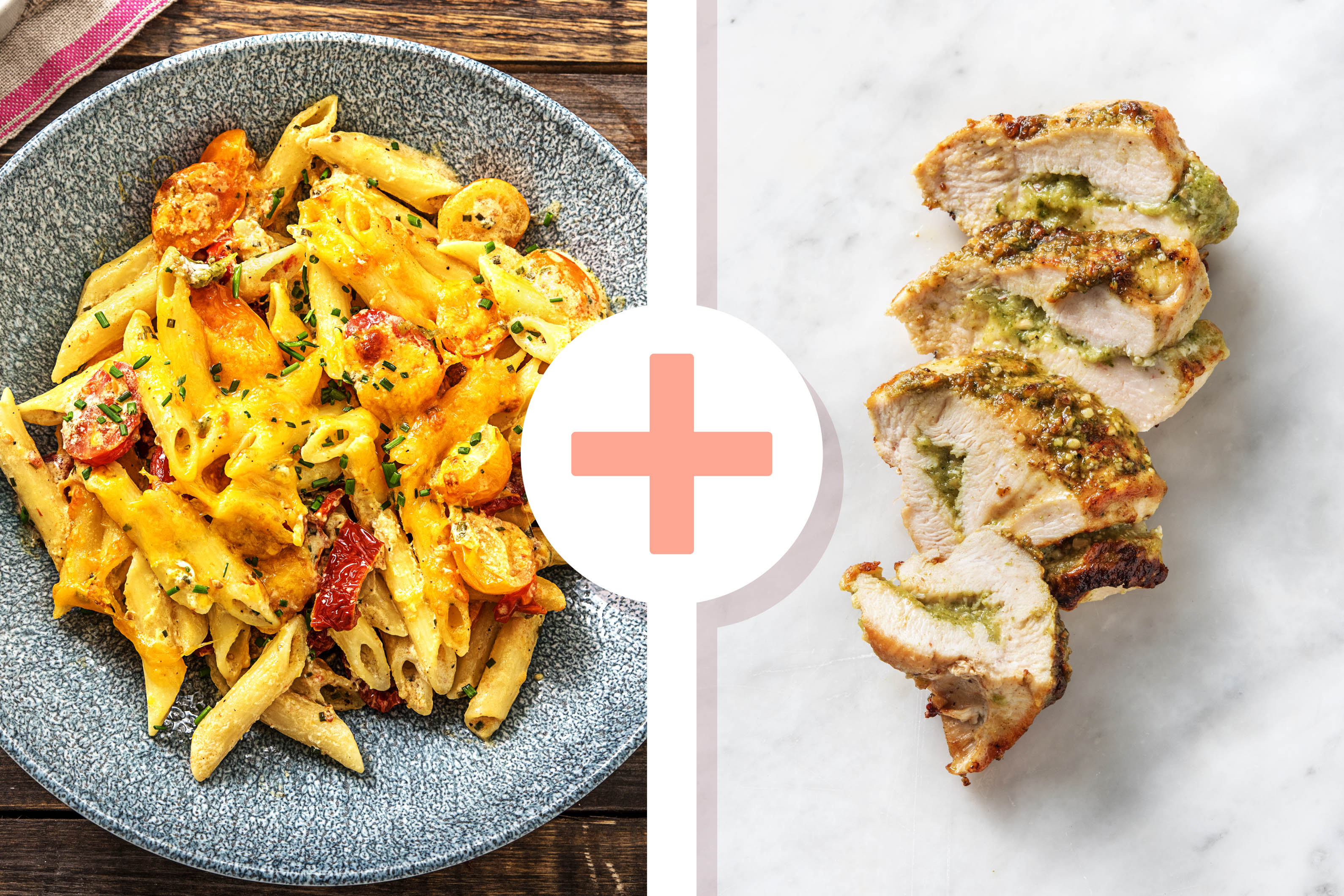 Überbackene Penne mit gefüllter Hähnchenbrust