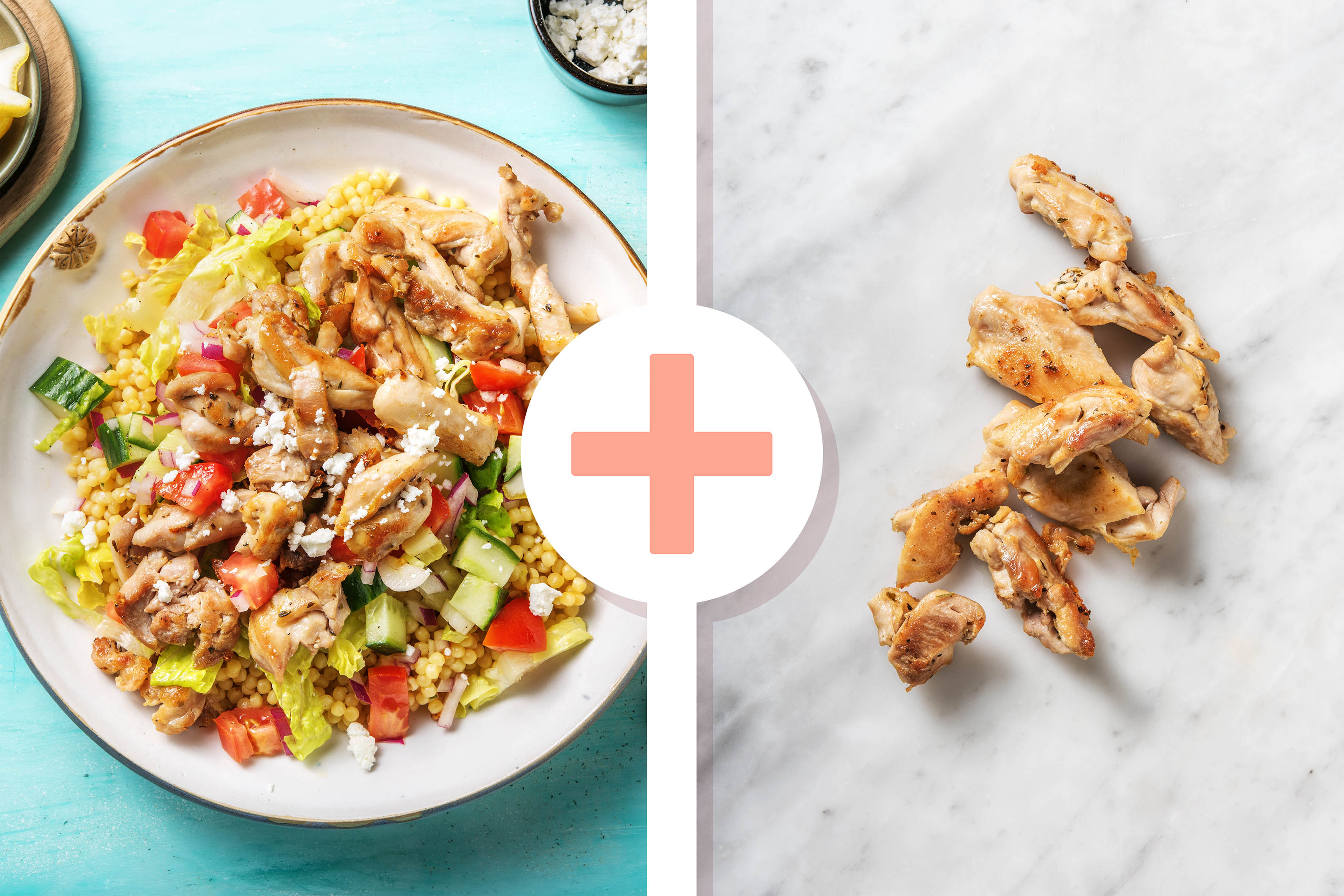 Salade grecque avec de cuisse de poulet et du couscous perlé