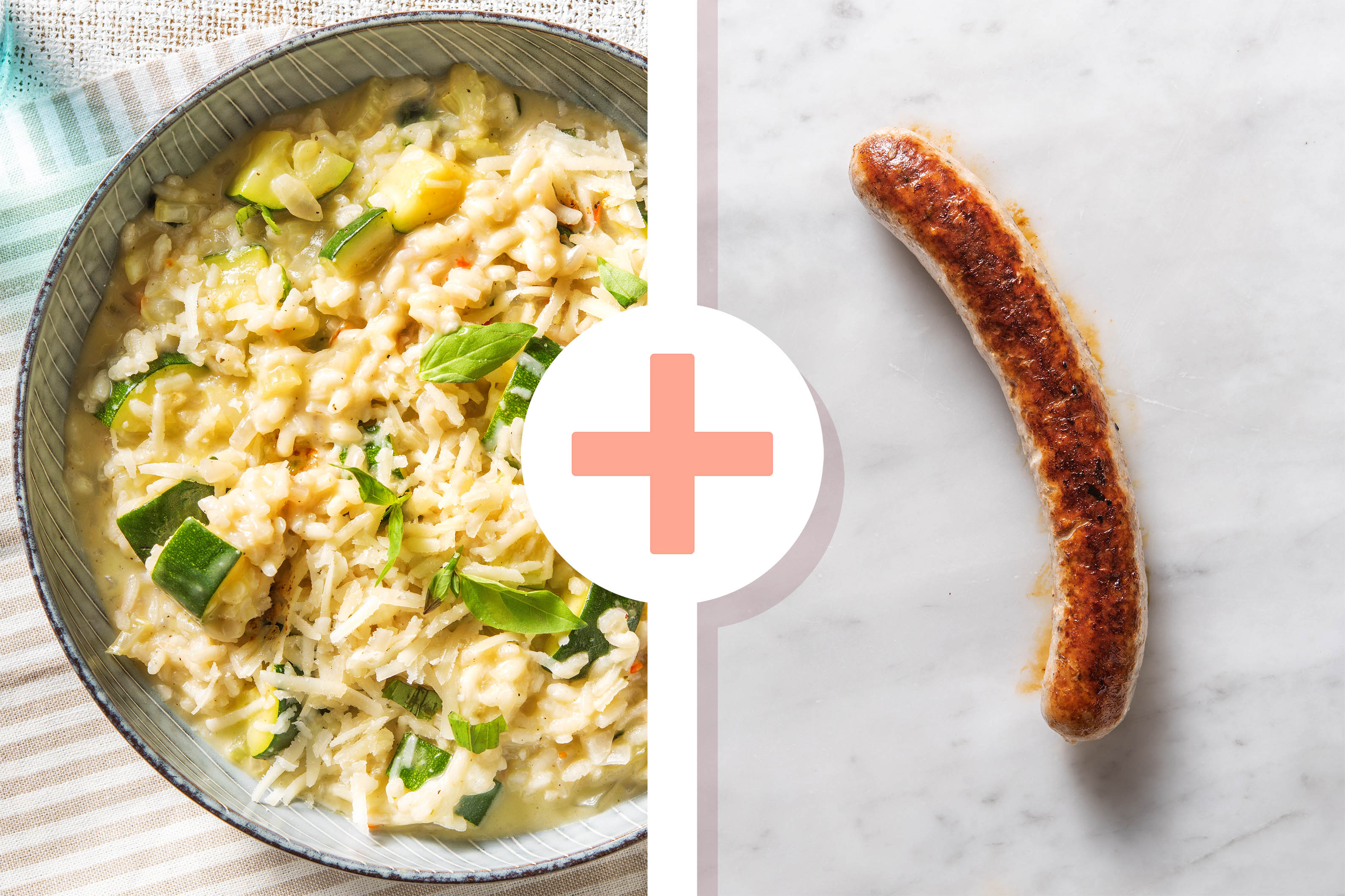 Veggie + protein - Risotto à la courgette et à la mozzarelle avec de la saucisse de porc en extra