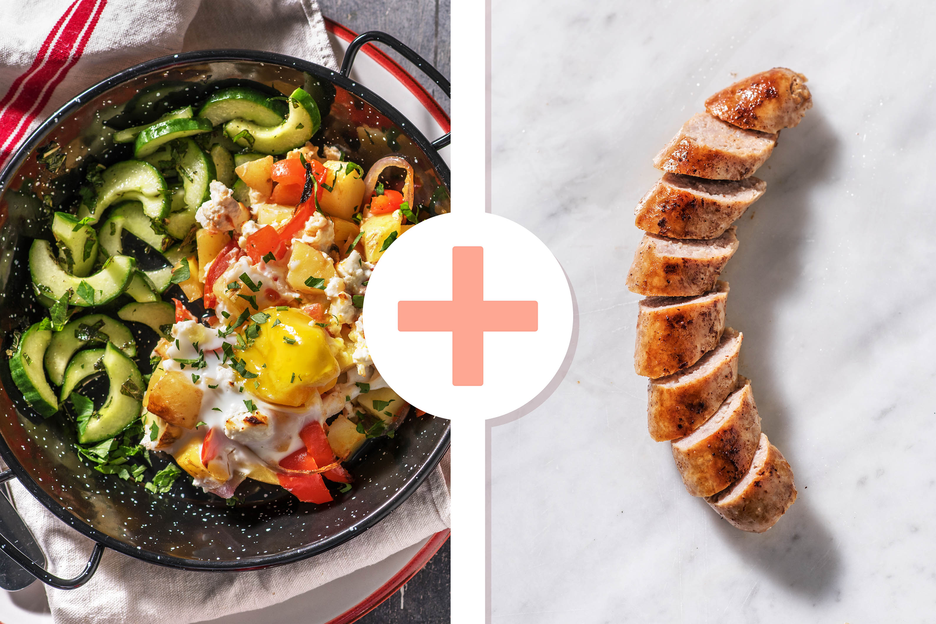 Plat de légumes au four avec un œuf et une saucisse de porc en extra