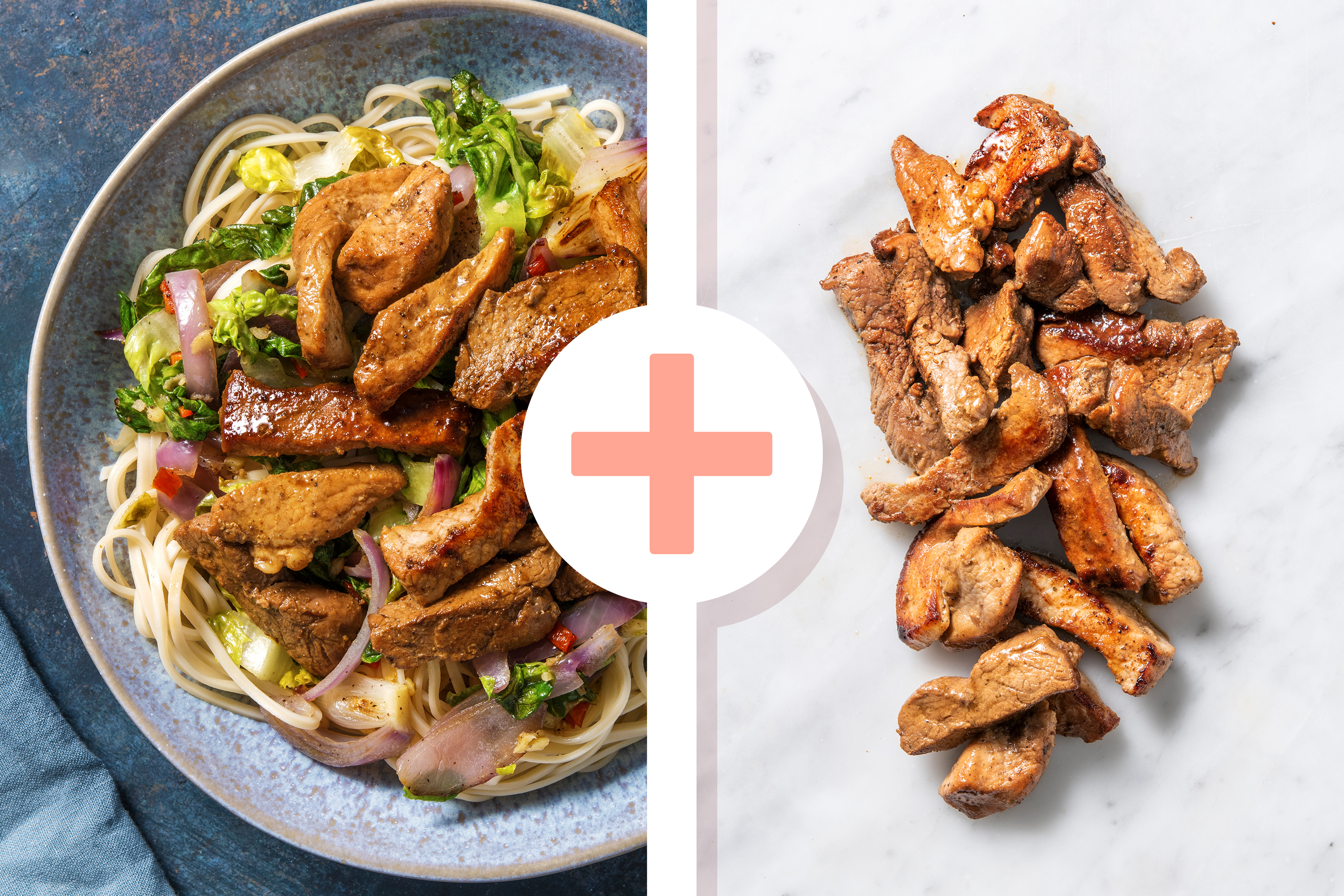 Double protein - Nouilles sautées et double portion d'émincé de porc dans une marinade sucrée