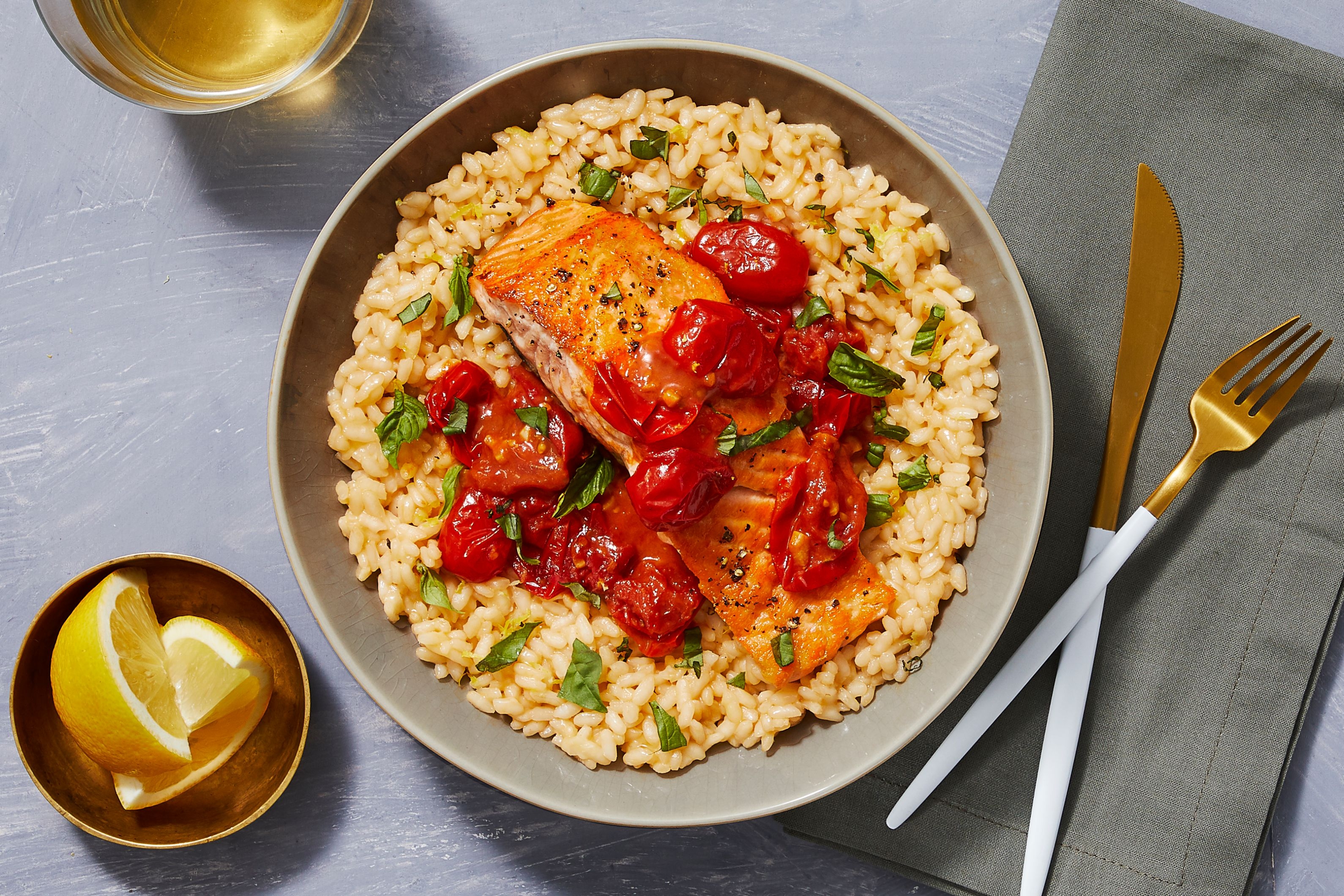 Steelhead Trout over Basil Parm Risotto