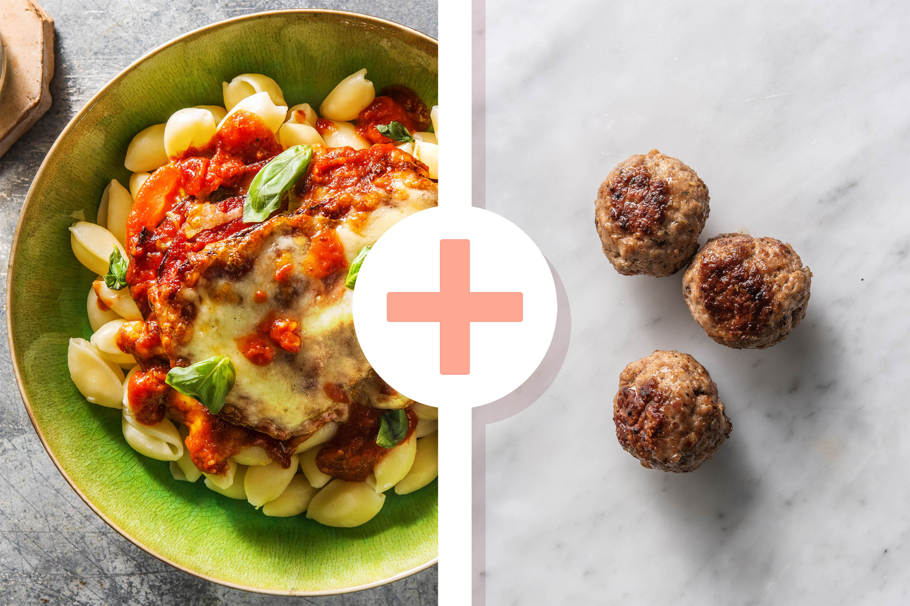 Gratin d'aubergine, conchiglie et boulettes de viande en extra