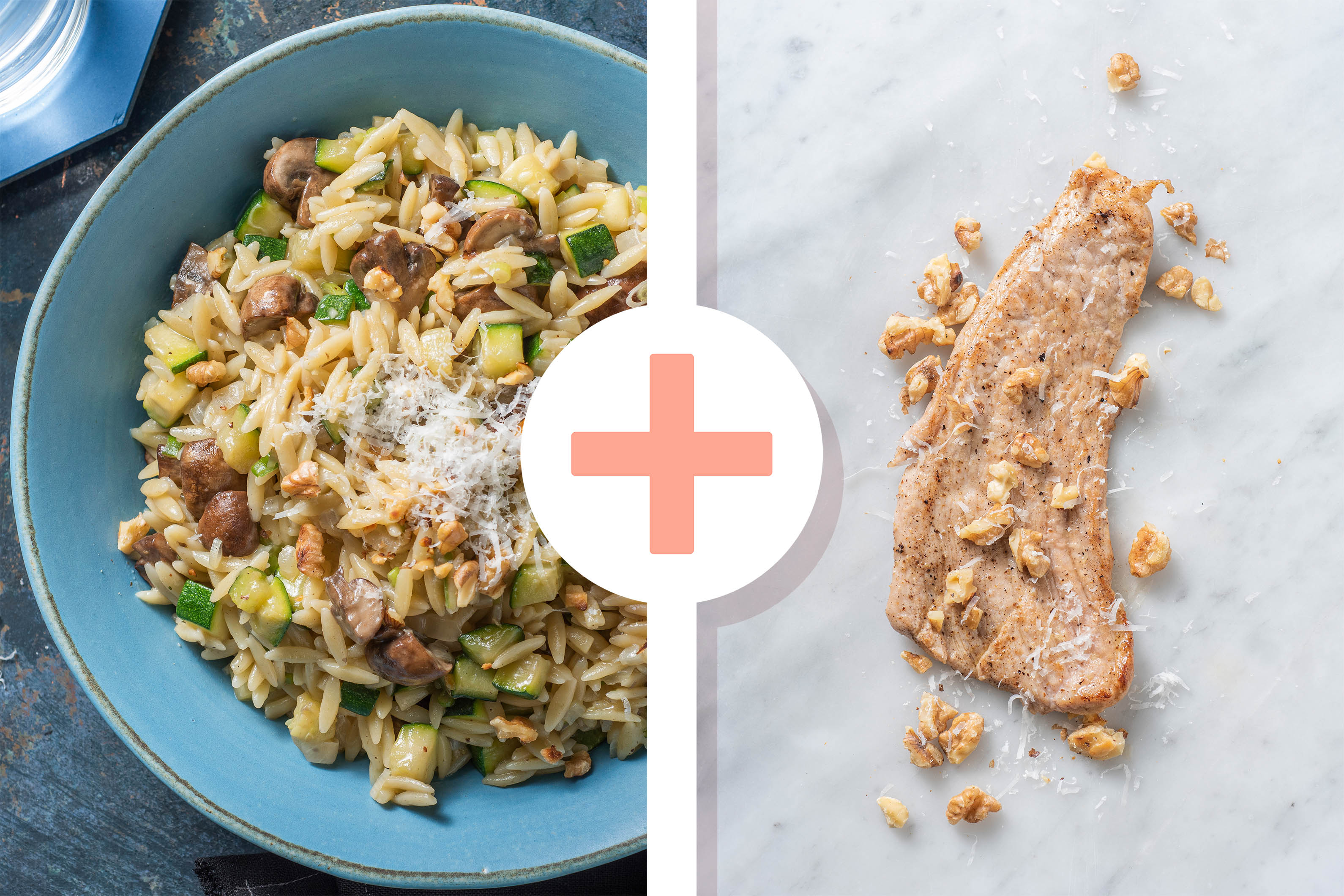 Veggie + protein - Risotto d’orzo aux champignons avec une escalope de veau en extra