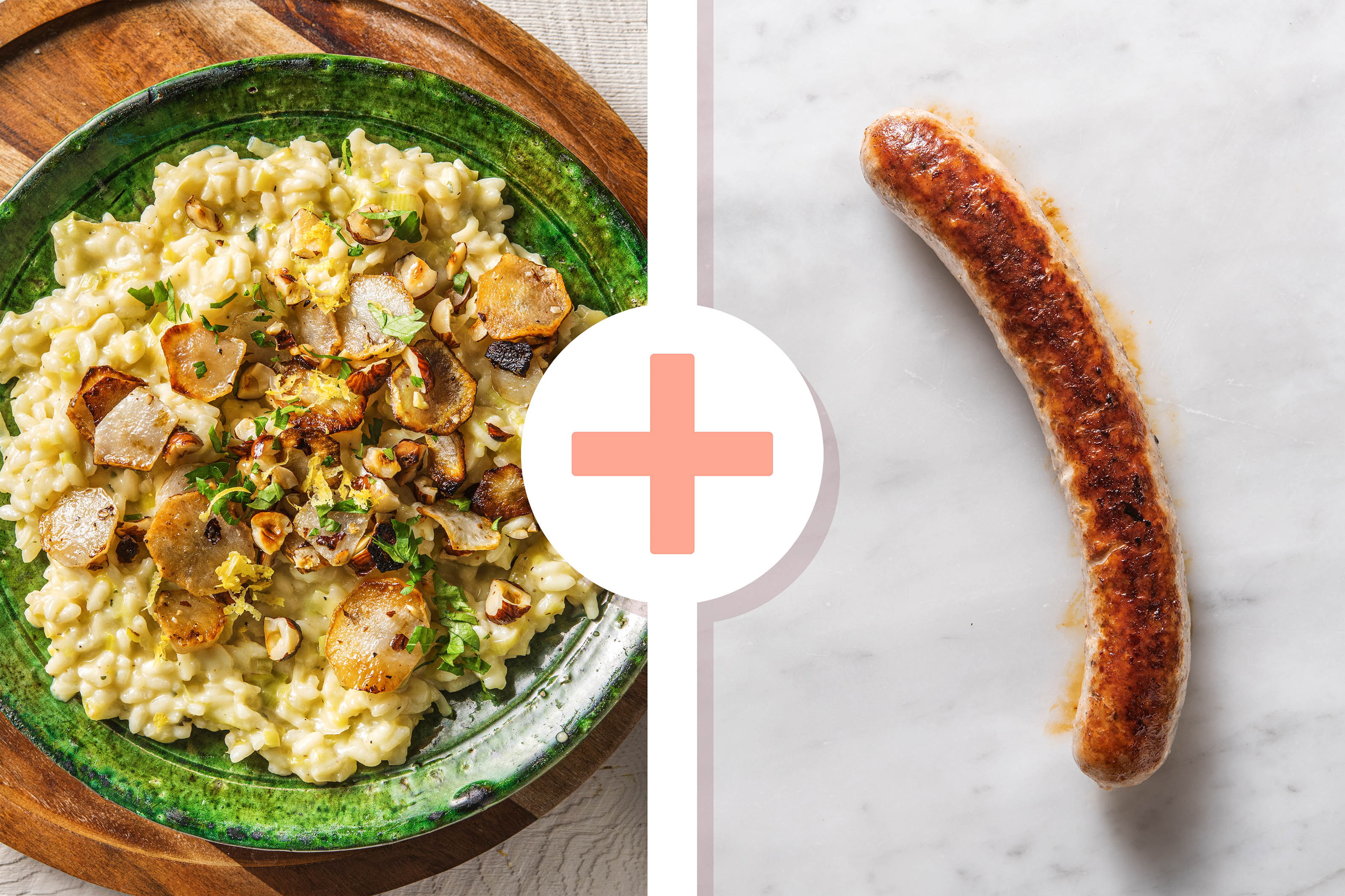 Veggie + protein -Risotto d’hiver aux topinambours avec une saucisse de porc en extra